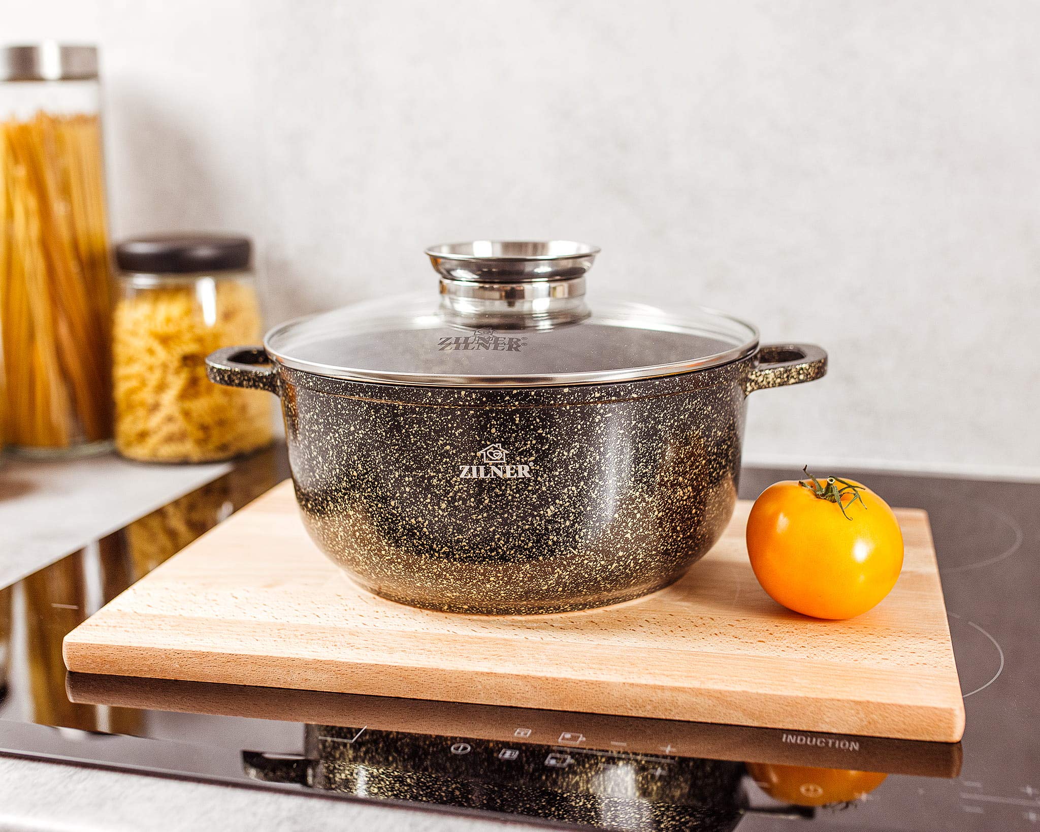 Zestaw Garnków - Powłoka Ceramiczno-marmurkowa - Szklane Pokrywki - Wszystkie Rodzaje Kuchenek - 17 Elementów Czarny