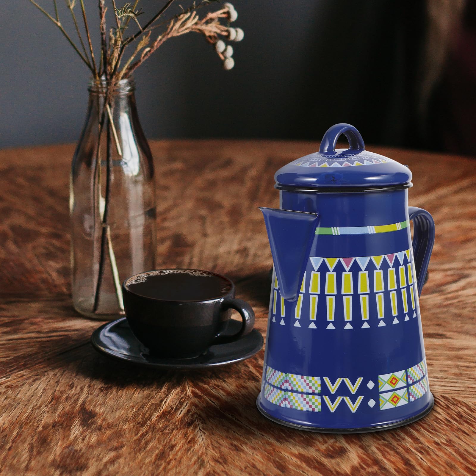 Bollitore Smaltato da 1,2l per Tè e Caffè Manico Ergonomico, Design Rustico Blu per Preparare Bevande Calde al Mattino