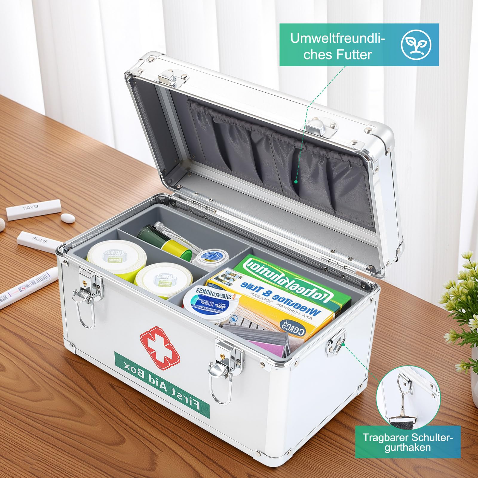 Werschließbare Medikamentenbox, Abschließbare Medizinbox Aufbewahrungsbox mit Tragegriff & Tragegurt 36.5 x 24 x 22 cm, Medikamenten Aufbewahrung Erste Hilfe Koffer für Haus Schule Krankenhaus
