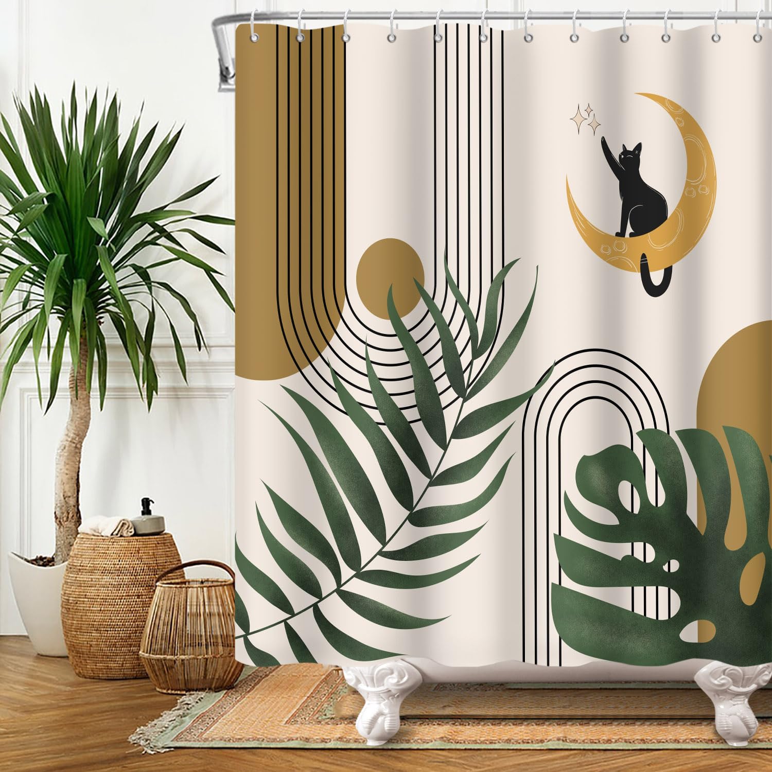 180x200cm Tende da doccia Boho con ganci, Arch Beige Marrone Sole Luna Gatto Foglie verdi Arte moderna Occlusa Impermeabile, Tessuto in poliestere Bagno Vasca Decorazione estetica