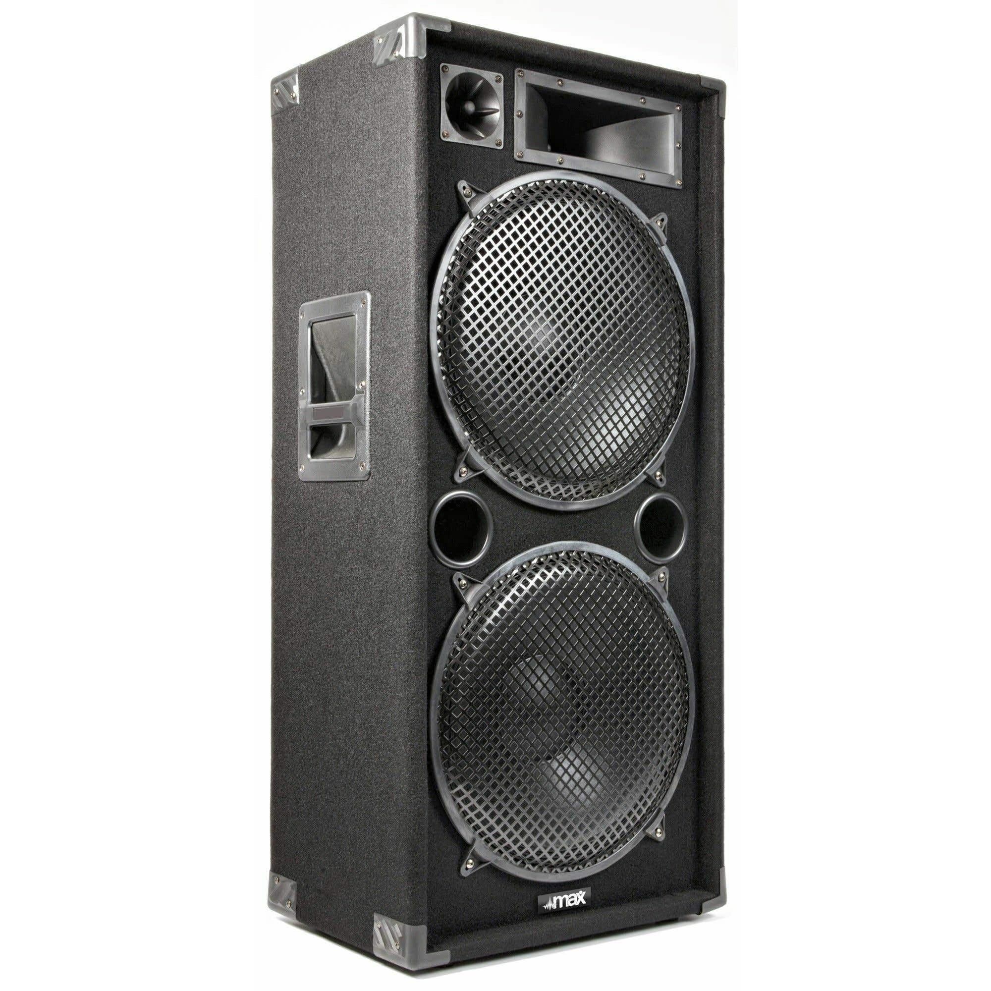 MAX MAX215 PA Lautsprecher passiv, Partylautsprecher Set, 4000 Watt Partyboxen Set mit Griffe, 2 x 15 Zoll Doppel-Tieftöner, Passiv, DJ Party Lautsprecher, Lautsprecherbox, Schwarz