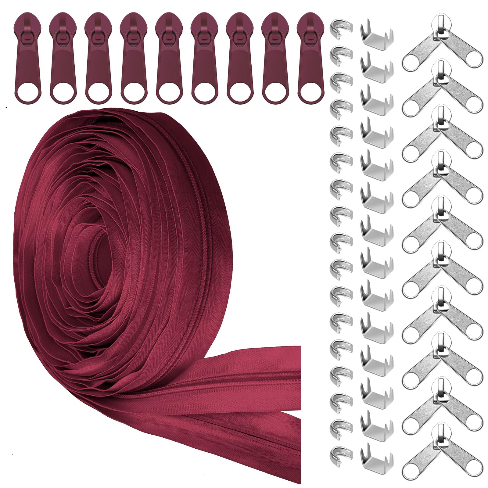 Glarks 81pcs Burgundy #5 Nylon Coil Zipper Tape Includes 1pcs 10Yards Sewing Zipper Roll with 10pcs Metal Zipper Sliders 10pcs Double Zipper Sliders 40pcs Top Stops 20pcs Bottom Stops