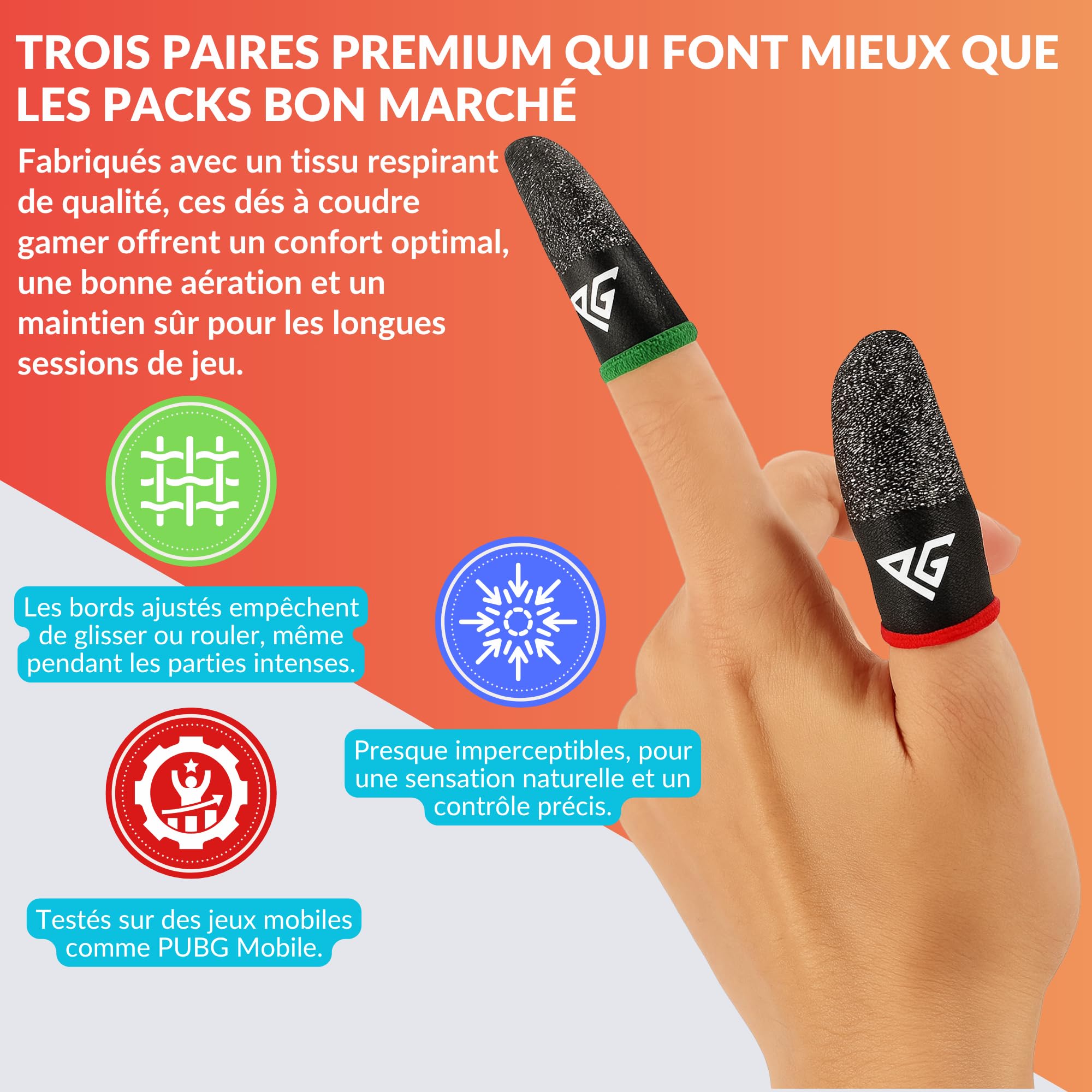 Manchons de Doigts pour Jeux Mobiles, 3 Paires Hybrides Fibre de Carbone et d’Argent, Sensibles et Respirants 0,3 mm Anti-Transpiration, Compatibles avec PUBG Mobile (Taille Standard)