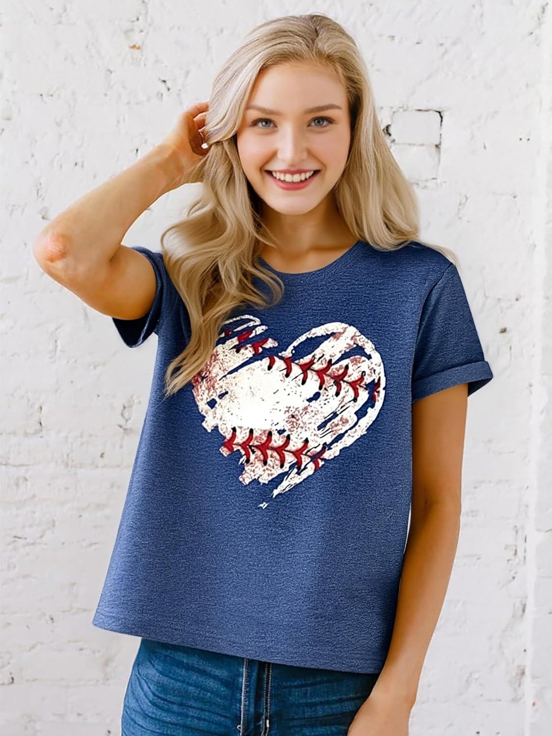 Women's Baseball Shirts Women Baseball Heart Graphic Tees Game Day Shirt Heart Printed Short Sleeve Tops - Image 2