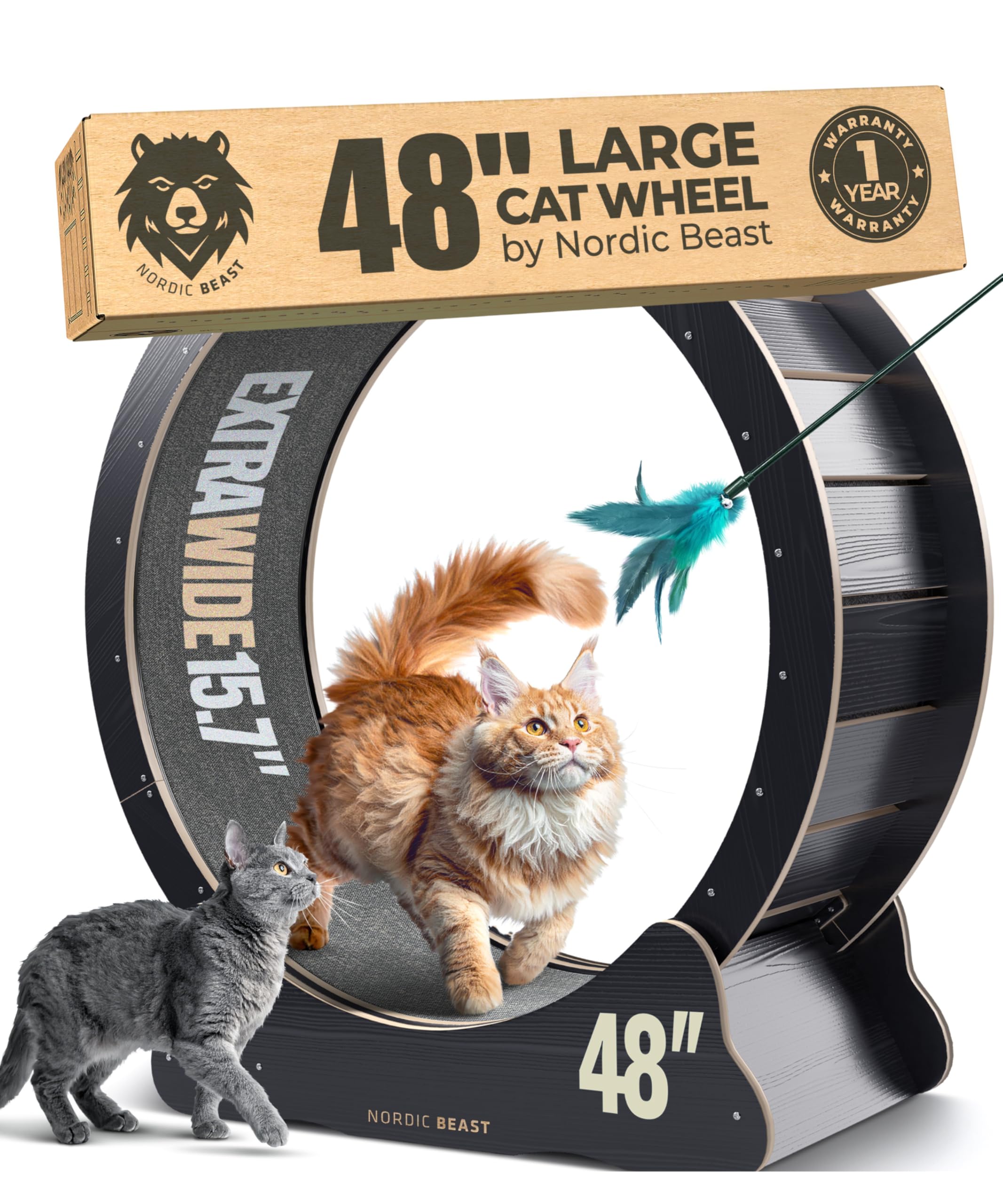 Quiet & Safe 48'' XL Cat Wheel for Indoor Cats, by Nordic Beast – Extra-Wide 15.7'' Surface Provides Stability and No Wobbling – Ideal for Large Breeds Like Maine Coons and Ragdolls – 1-Year Warranty