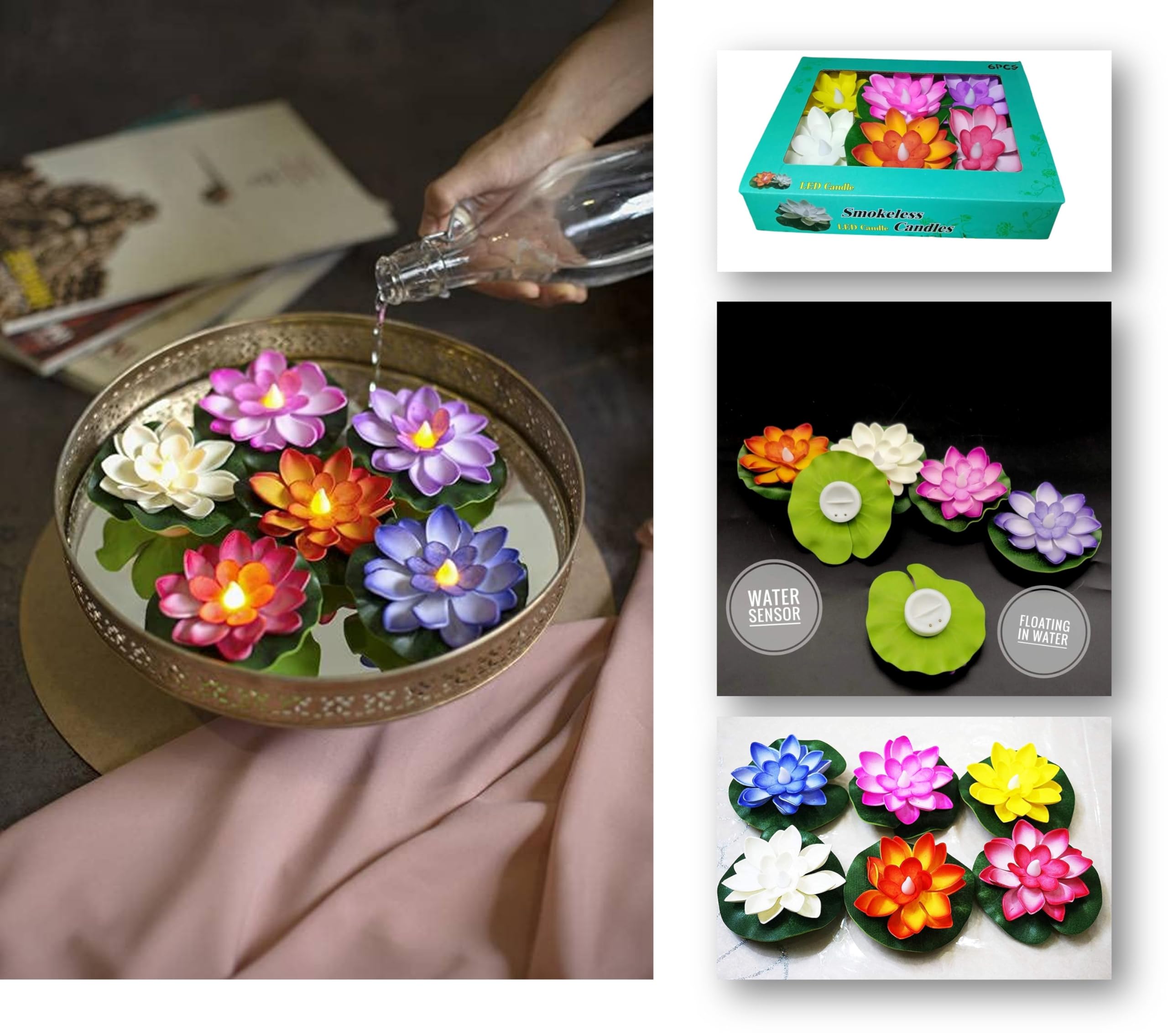 Pack of 6 PCS Water Floating Lotus Diyas | Multicolored LED Tea Light Candles | Battery Operated & Sensor Based | Waterproof Plastic Flowers | Home Decor & Festival Decoration