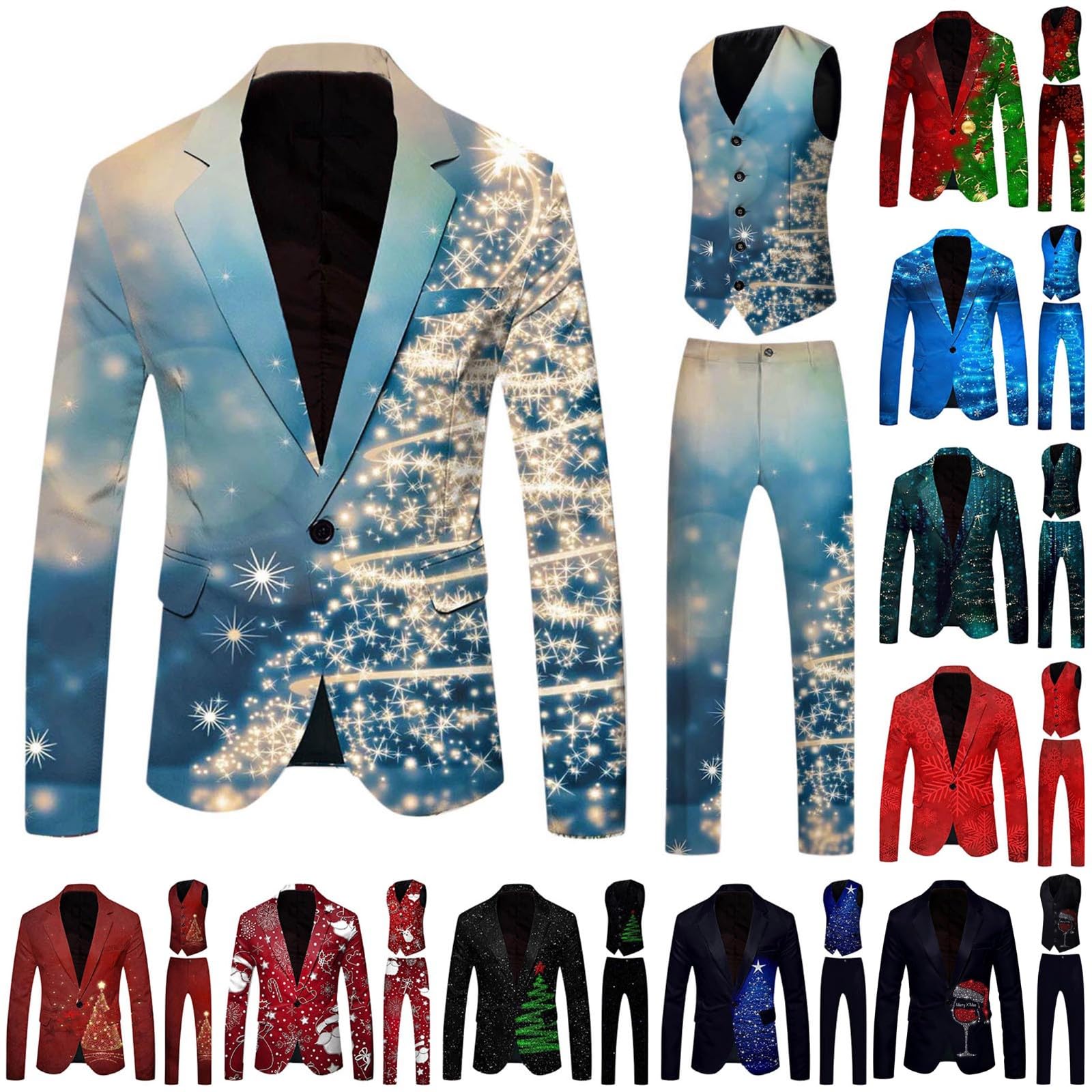 Giacca Carnevale da uomo Set di tre pezzi con paillettes per Carnevale Giacca con risvolto stampato con gilet aderente e pantaloni a sbuffo, abito da sera stampato di Natale Smoking Uomo