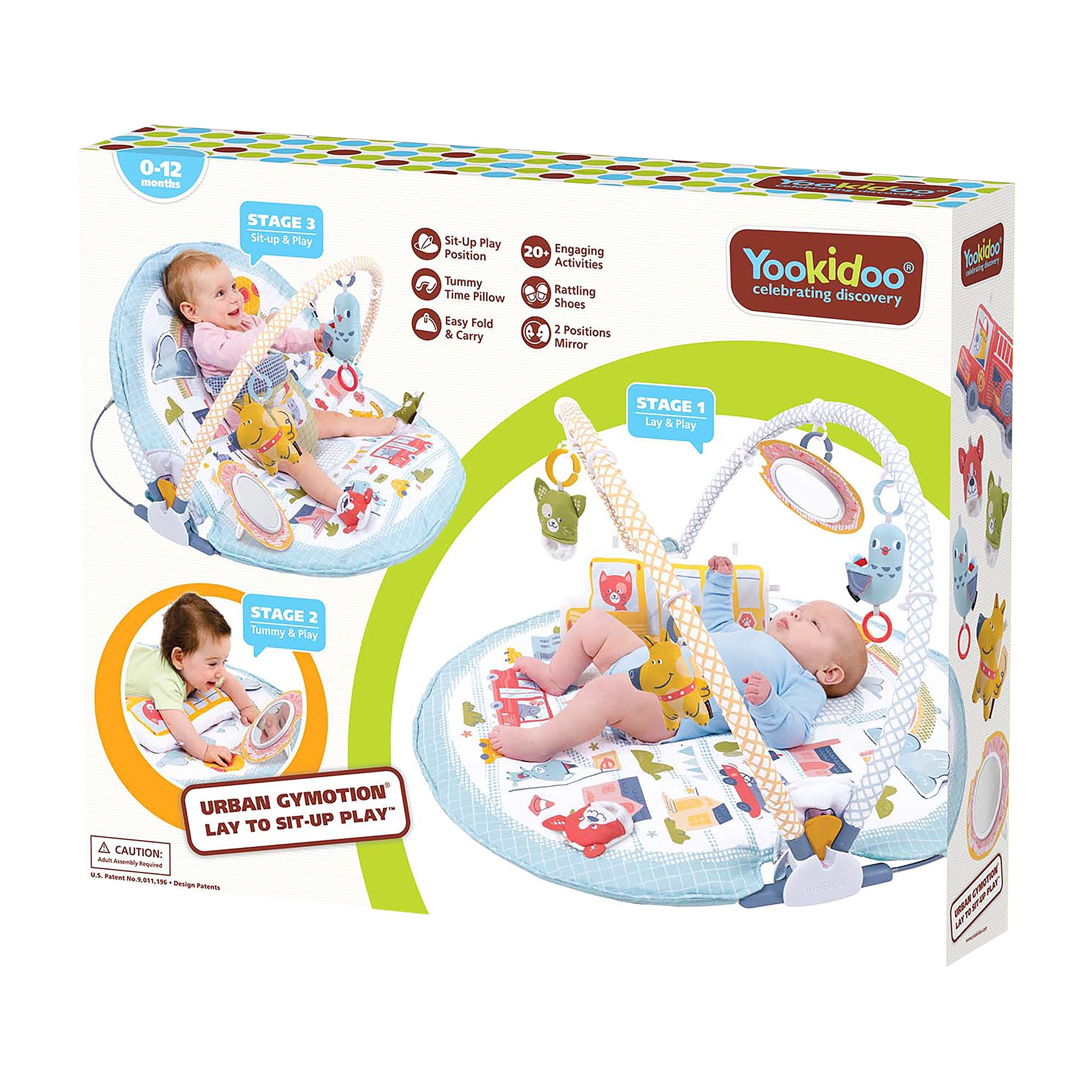 Yookidoo 3-en-1 Urban Gimnasio Bebé. Tumbado y Sentado Manta de Actividades con Cojín y Juguetes Infantiles. Fácil Plegado para Llevar. 0-12 Meses