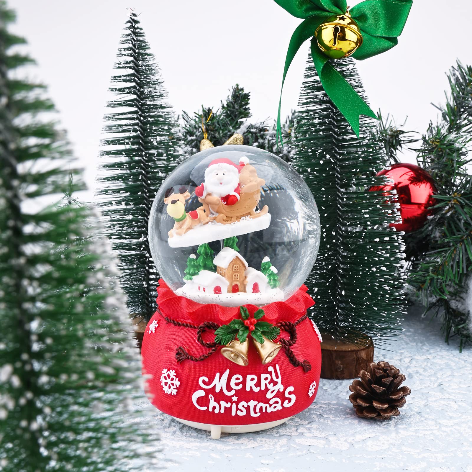 Jodsen Musical Palla di Vetro con Neve Snow Globe Santa Sledding Snow Globe Musicali Rossi con Luci a LED Mutevoli Giocate 8 Canzoni Decorazioni di Figurine Natalizie per Desktop Camera Letto Casa