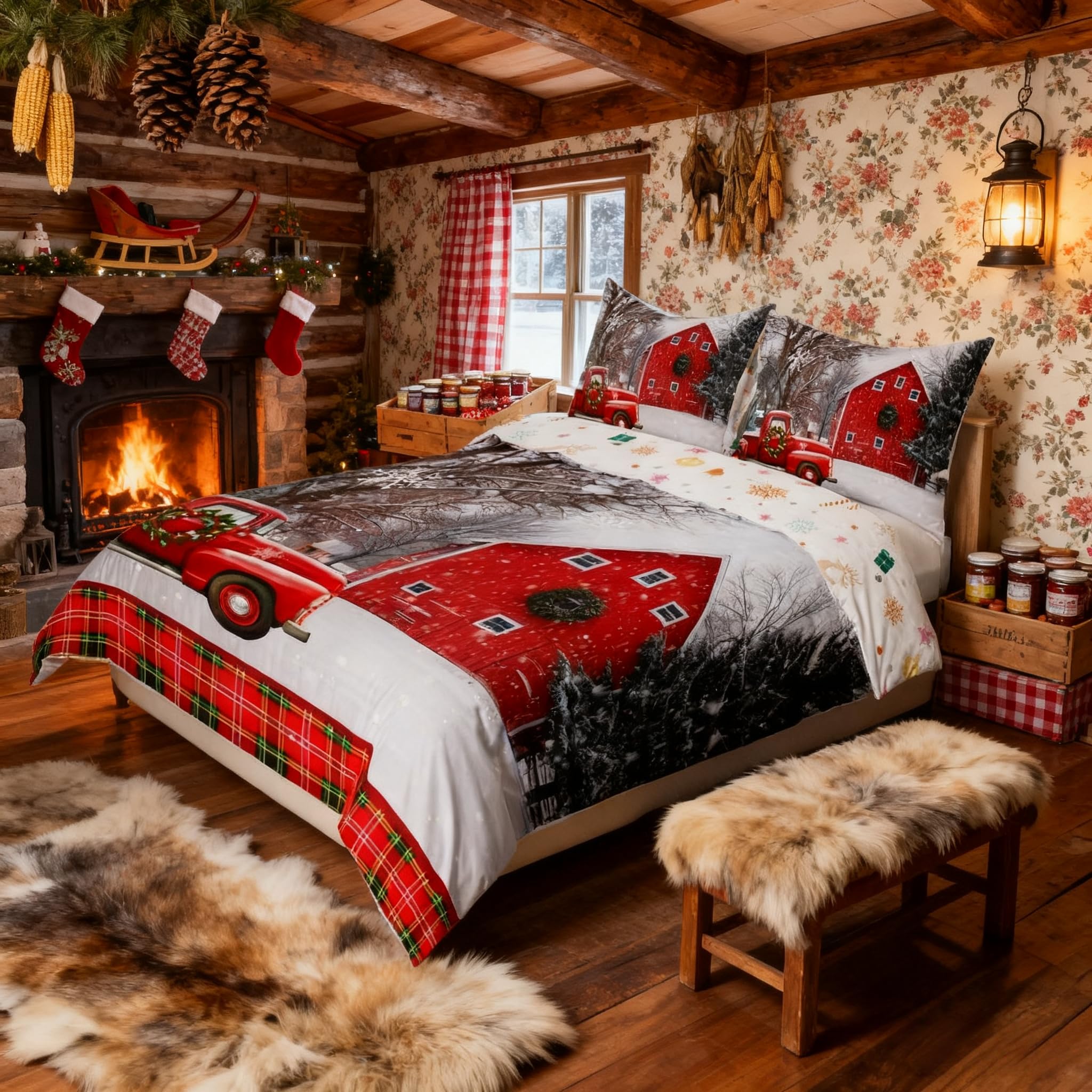 Parure de lit enfants camion de Noël housse couette géométrique