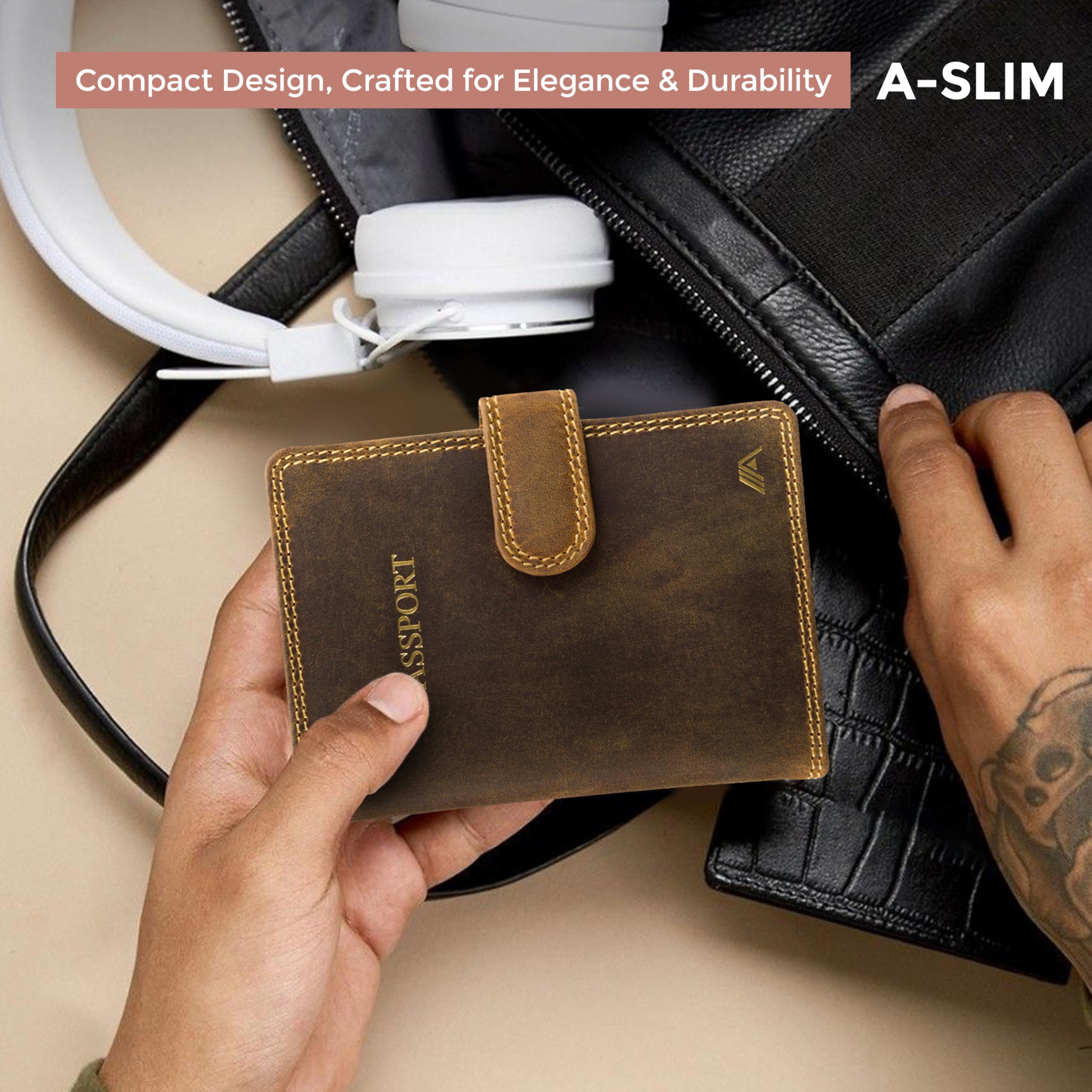 A-SLIM Gokaku Porta passaporto e portafoglio da viaggio in pelle | Organizer per accessori da viaggio per passaporto, biglietti, carta d'imbarco, carte, contanti | Pelle di mucca pieno fiore di alta
