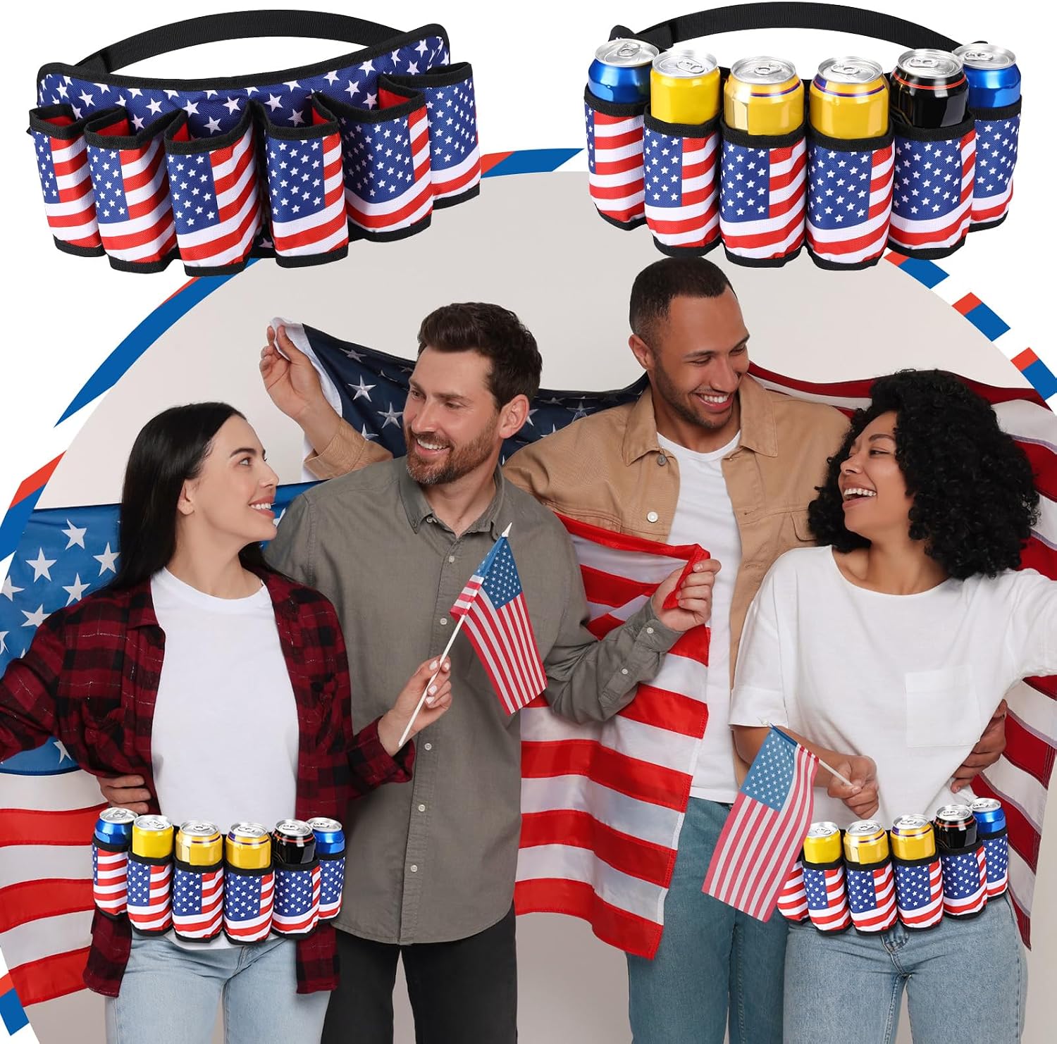 3 Pcs Beer Belt Americana Beer Belt Holder for Men 4th of July Beverage 250th Anniversary 6 Can Holder Adjustable Strap