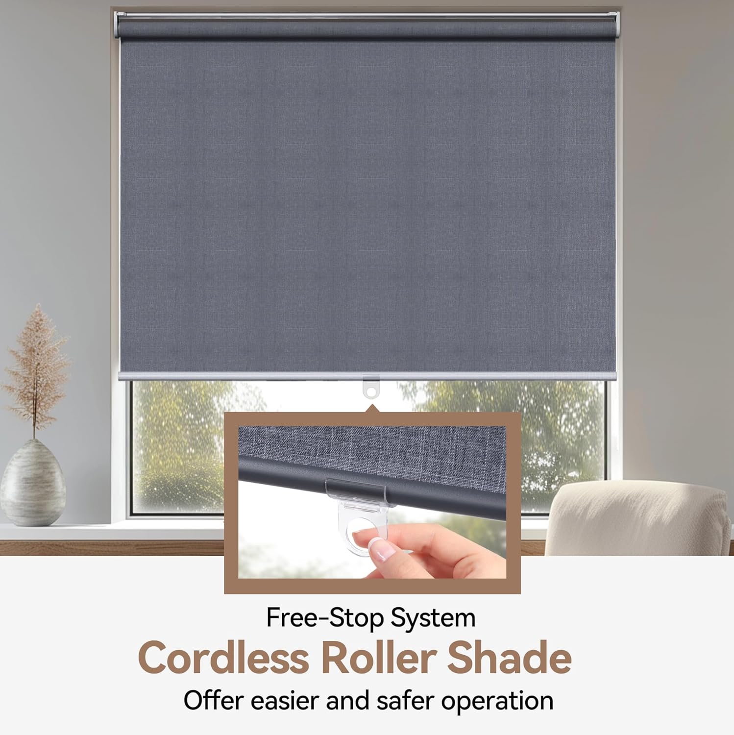 100% Blackout Roller Window Shades, Free-Stop Pull Down Shades for Windows with Thermal Insulated Waterproof Fabric, Roller Blinds for Indoor Windows, Office, Home, 30"x72", Deep Grey