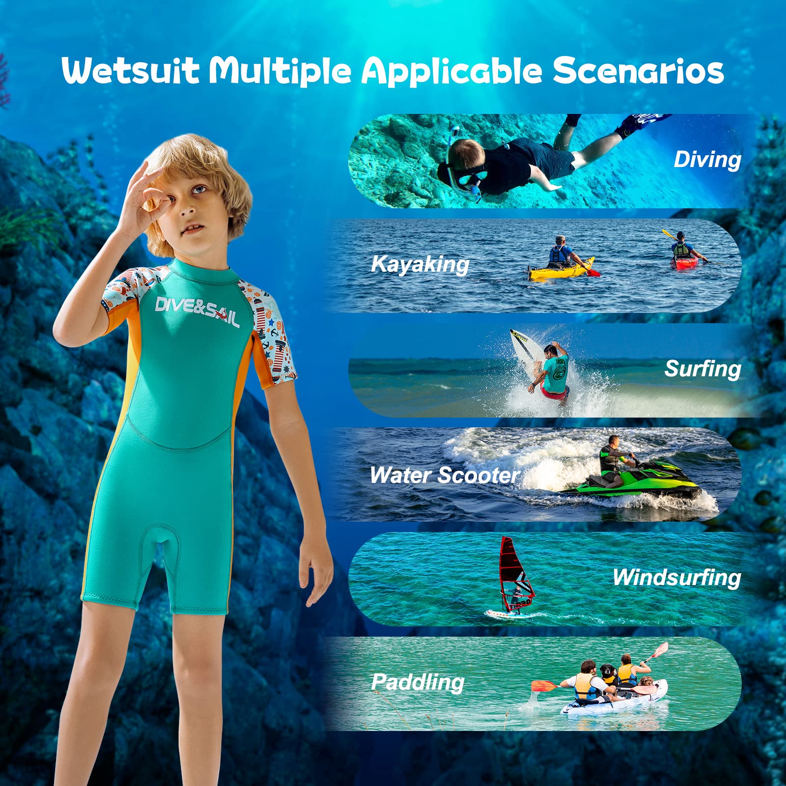 JONRRYIN Traje de Neopreno para Niños Traje de Baño de Buceo Térmico de Neopreno Corto, 2,5mm Una Pieza Trajes de Neopreno para Deportes Acuáticos Surf Natación Buceo (Verde, M)