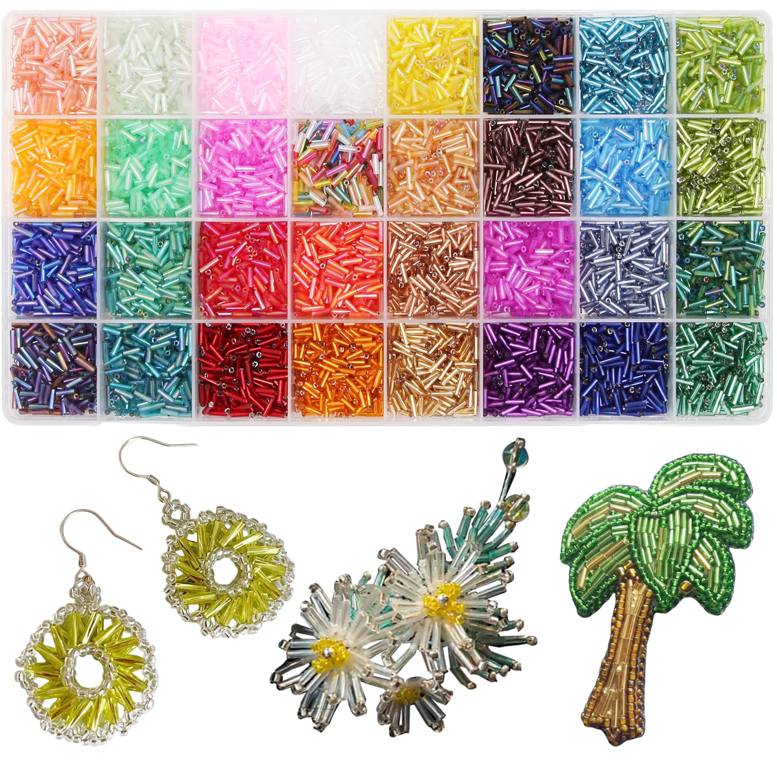 EuTengHao Tube Beads Kit 7mm Glass Bugle Seed Beads for Jewelry Making Embroidery & Home Decoration (32 Vibrant Colors, 9600Pcs)