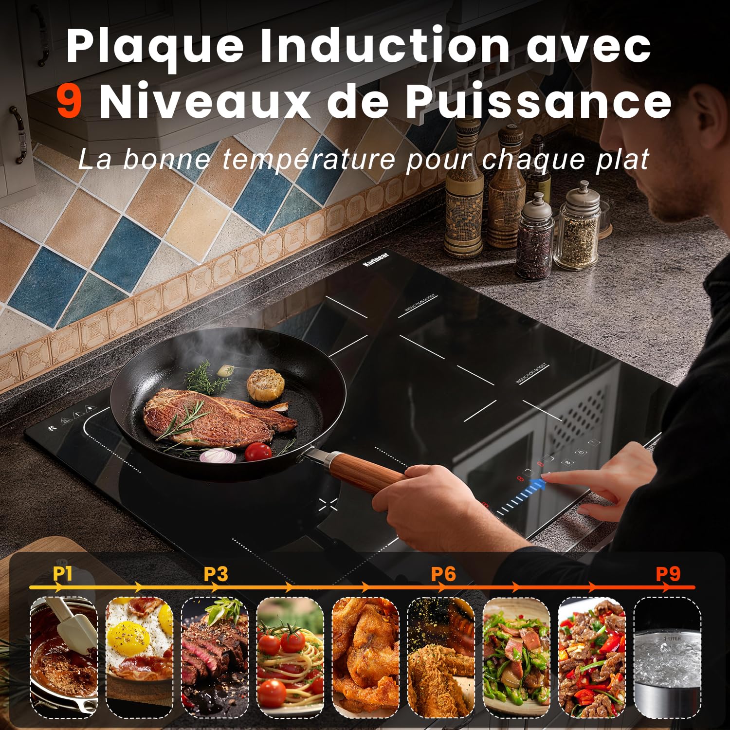 Karinear Plaque Induction 4 Feux avec Flexi Zone, Plaque de cuisson Induction encastrable 60cm, 7200W, Commande à curseur, fonction Boost, minuterie, sécurité enfants, 220V