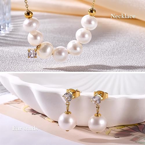 Miniatura 4 de Juego de joyas de oro para mujer, collar y aretes de perlas de agua dulce para bodas, novias, damas de honor, regalo de cumpleaños de 16.5 pulgadas