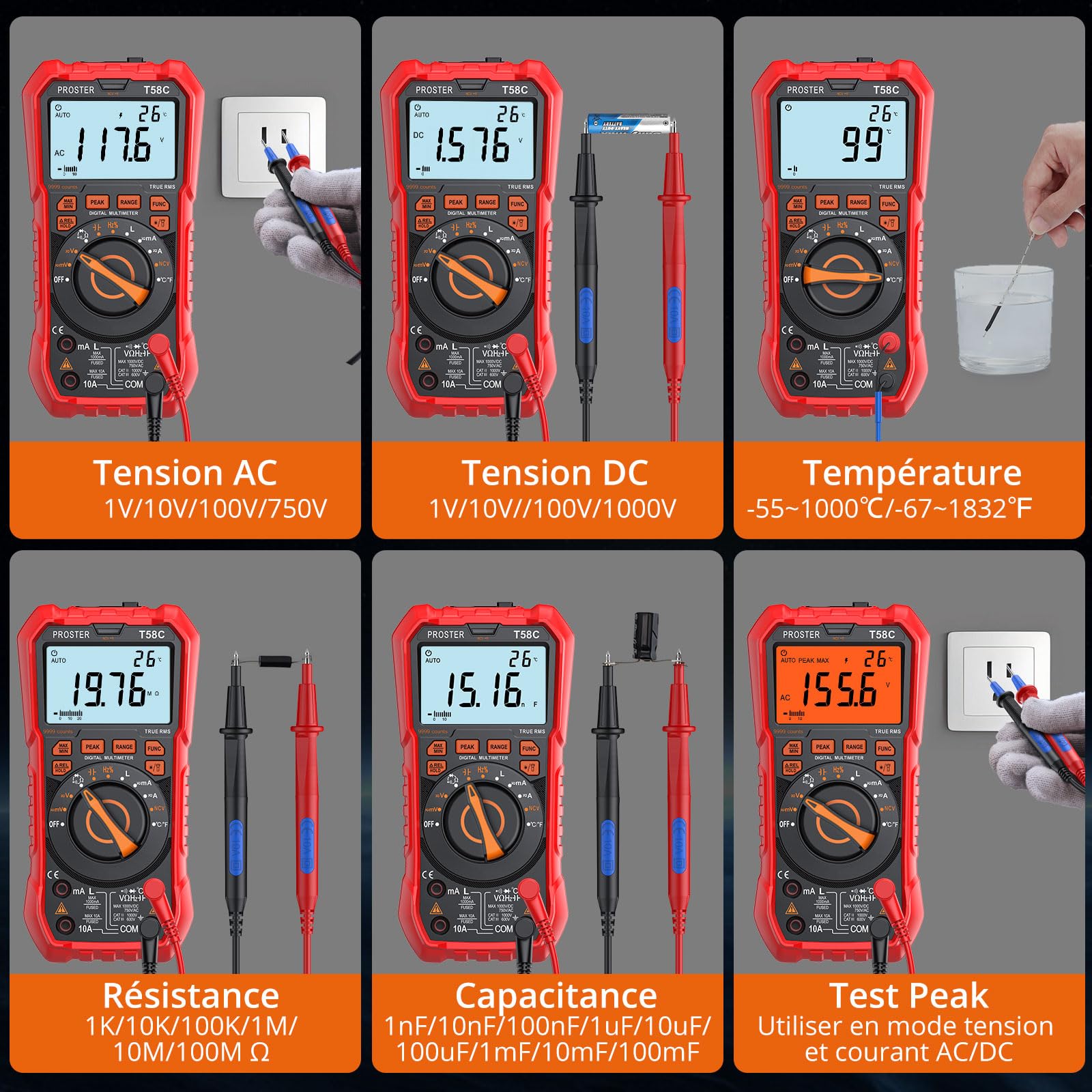 Proster Multimètre Numérique Automatique 9999 Comptes TRMS NCV - Testeur Électrique Inductance, Rappel de Prise, Voltmètre Ampèremètre AC/DC, Tension Courant Capacité Température, Peak - Électricien