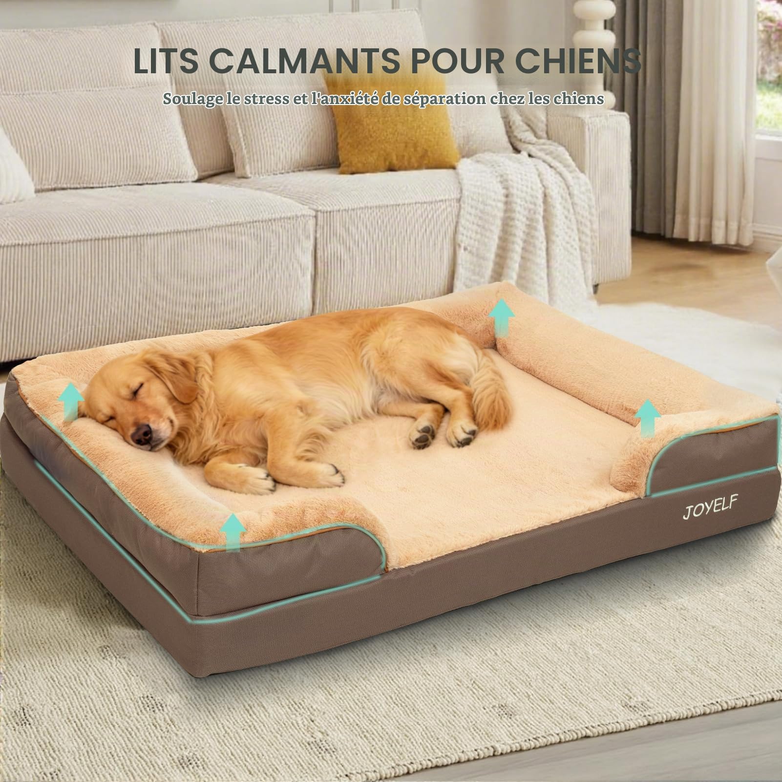 JOYELF Lit orthopédique pour Chien de Grande Taille, canapé-lit en Mousse, traversin imperméable avec Housse Amovible Lavable et Fond antidérapant - Café
