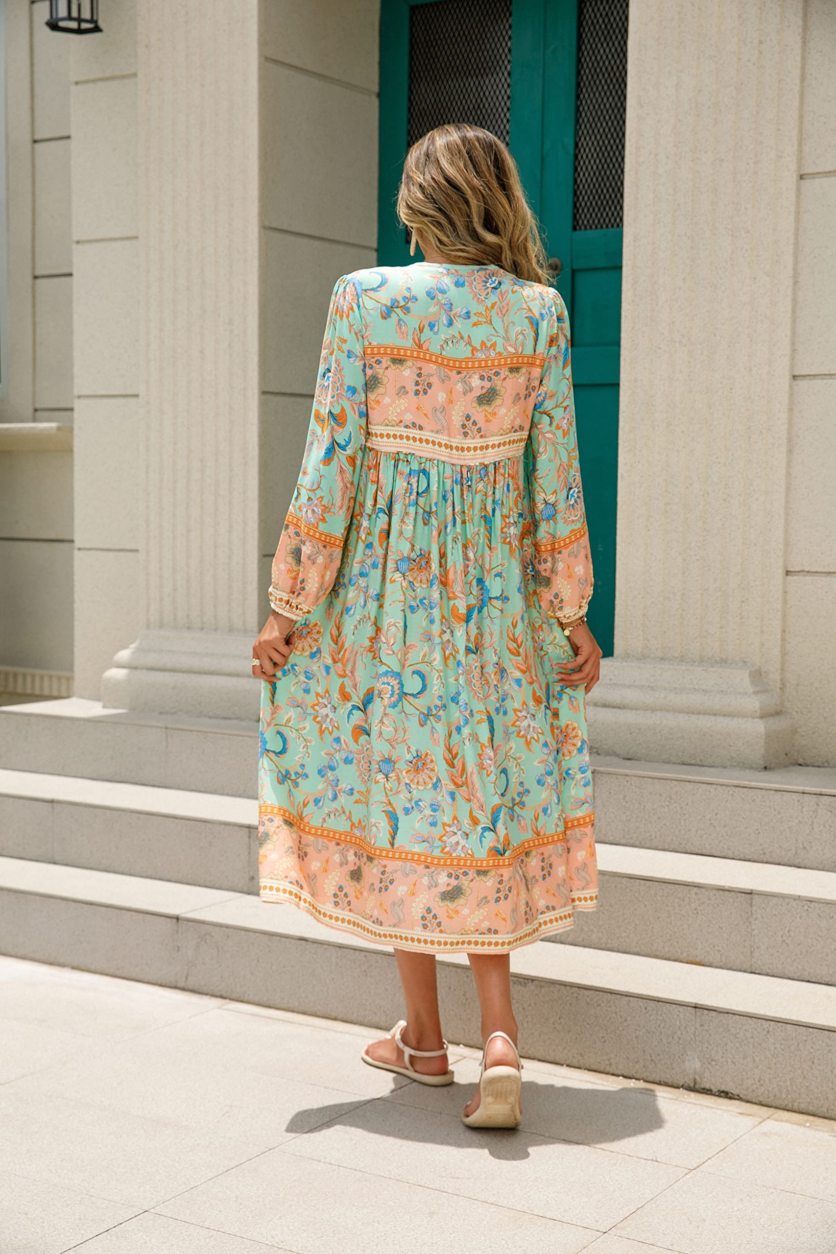 R.Vivimos Damen Beiläufig Bohemien Drucken Krawatte Langarm Strand Stil Lang Midi Urlaub Kleid