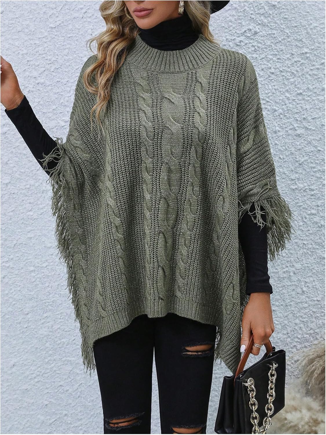 SOLY HUX Women's Poncho Sweater Fringe Shawl Mock Neck Half Sleeve Knit Asymmetrical Cape Trendy Pullover Tops - Image 5