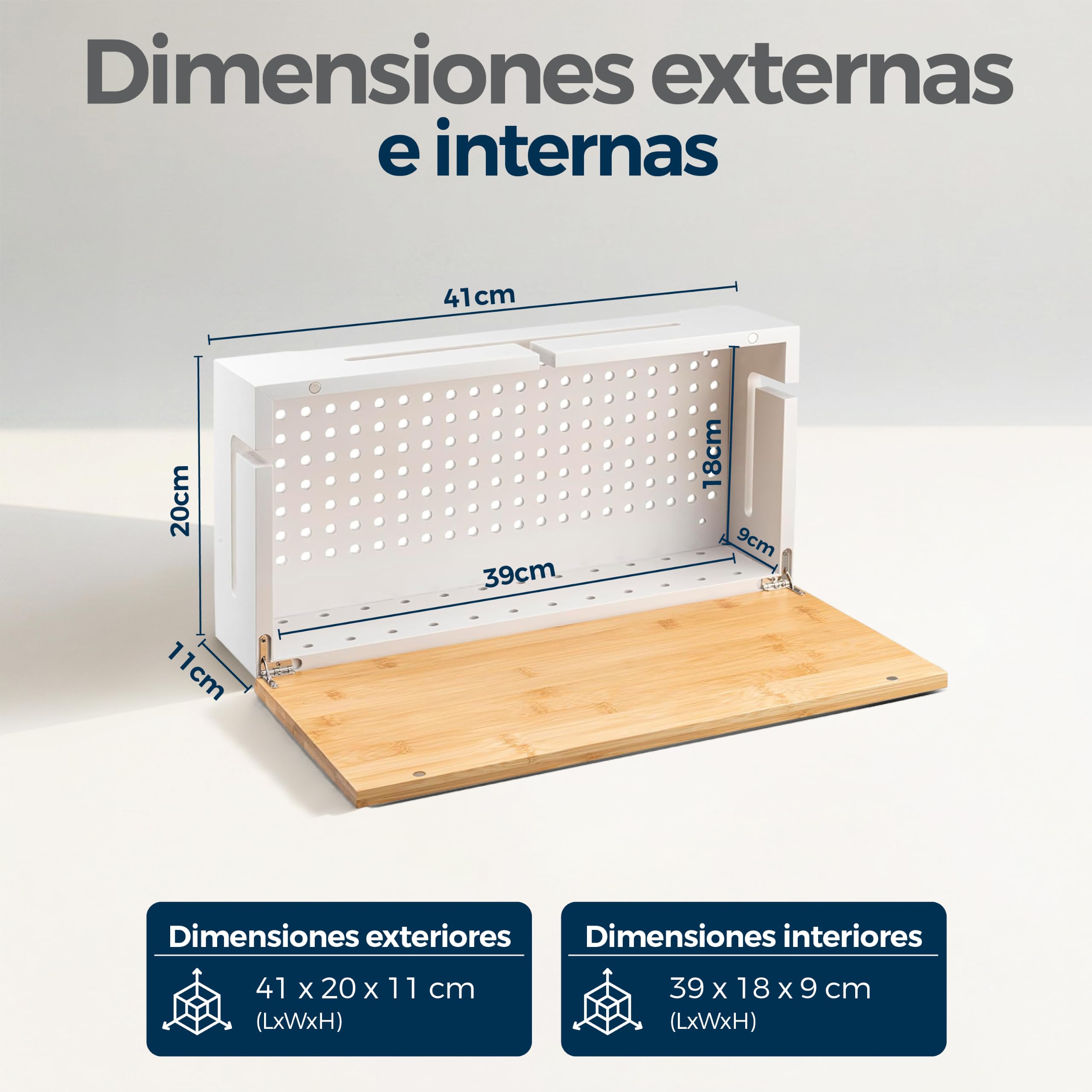 Caja de gestión de Cables de bambú 41×20×11 cm – Tapa magnética – Organizador de Cables con Kit para Montaje en Pared – Caja ocultacables para Escritorio y Zona TV (Blanco L)