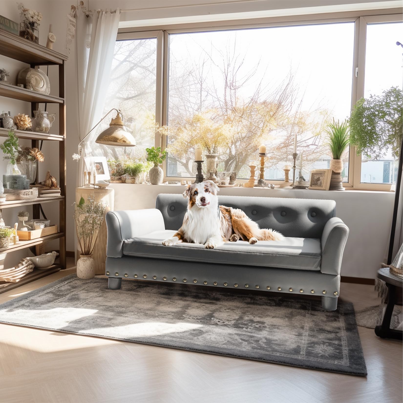 BingoPaw Sofa Perro Extra Grande y Ancho Elevada Cama de Lujo xxl para Mascotas 120x19x78cm Sillon con Pata Madera y Piel Sintetica Refrescante Irrompible Antipelo con Almohada Desmontable Impermeable