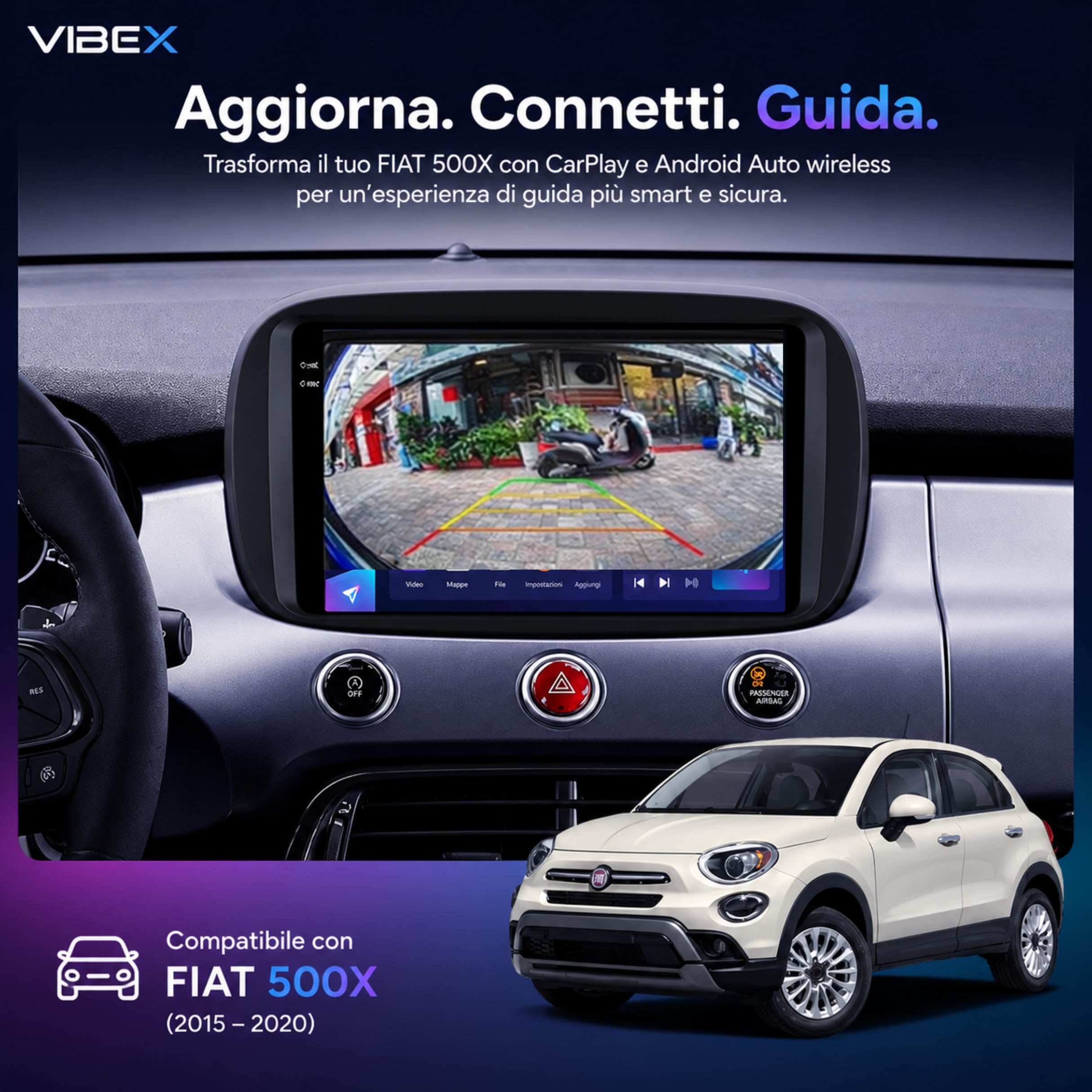 VIBEX Autoradio 9" | Android per FIAT 500X 2015-2023, Wireless CarPlay Android Auto | Navigazione GPS | Bluetooth WiFi | Schermo Touch HD Supporto Retrocamera CANBUS |