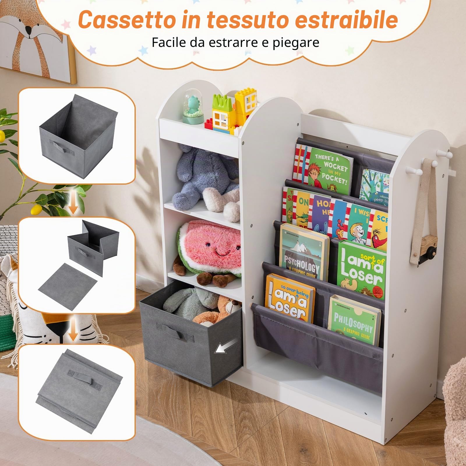 RELAX4LIFE Scaffale Portagiochi Bambini, Libreria con Specchio, 3 Ganci e Cassetto Rimovibile, Scaffale Montessori Bambini per Cameretta, Stanza Giochi e Asilo (Bianco)