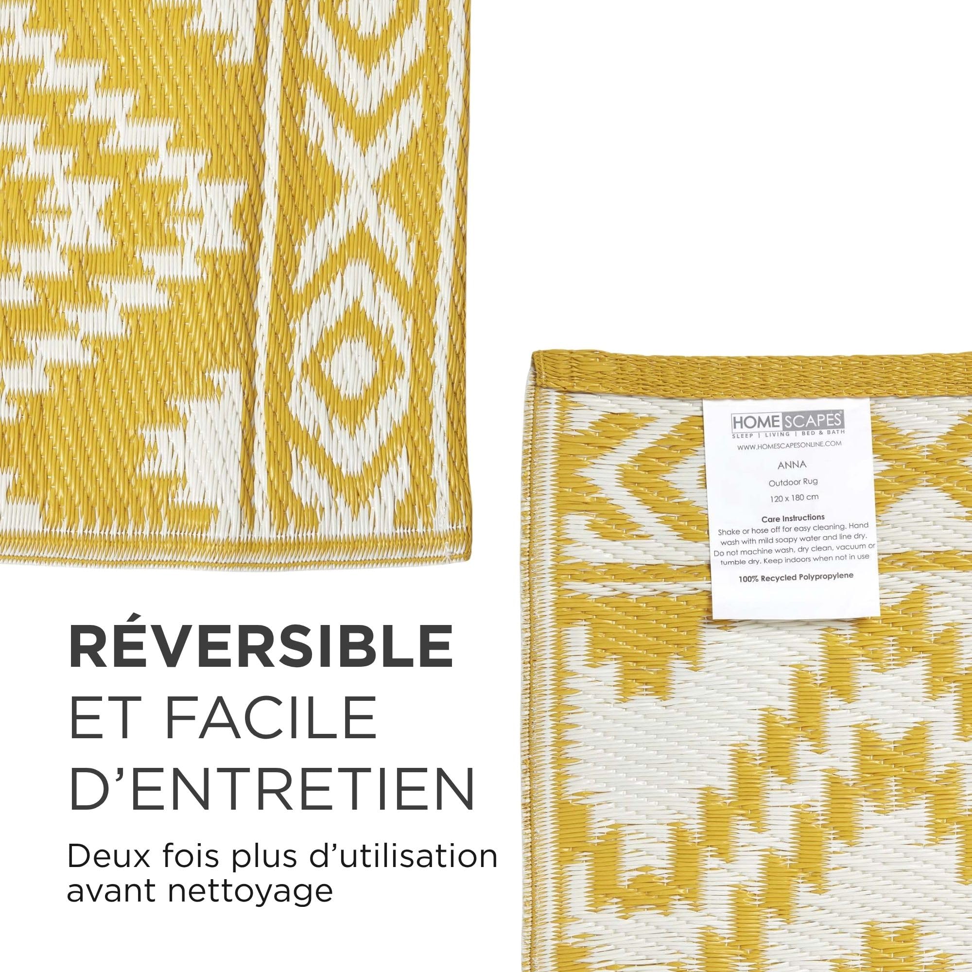 HOMESCAPES Tapis extérieur résistant Pluie et UV, Tapis de Jardin imperméable réversible Jaune Anna, 120 x 180 cm, Intérieur extérieur terrasse Balcon