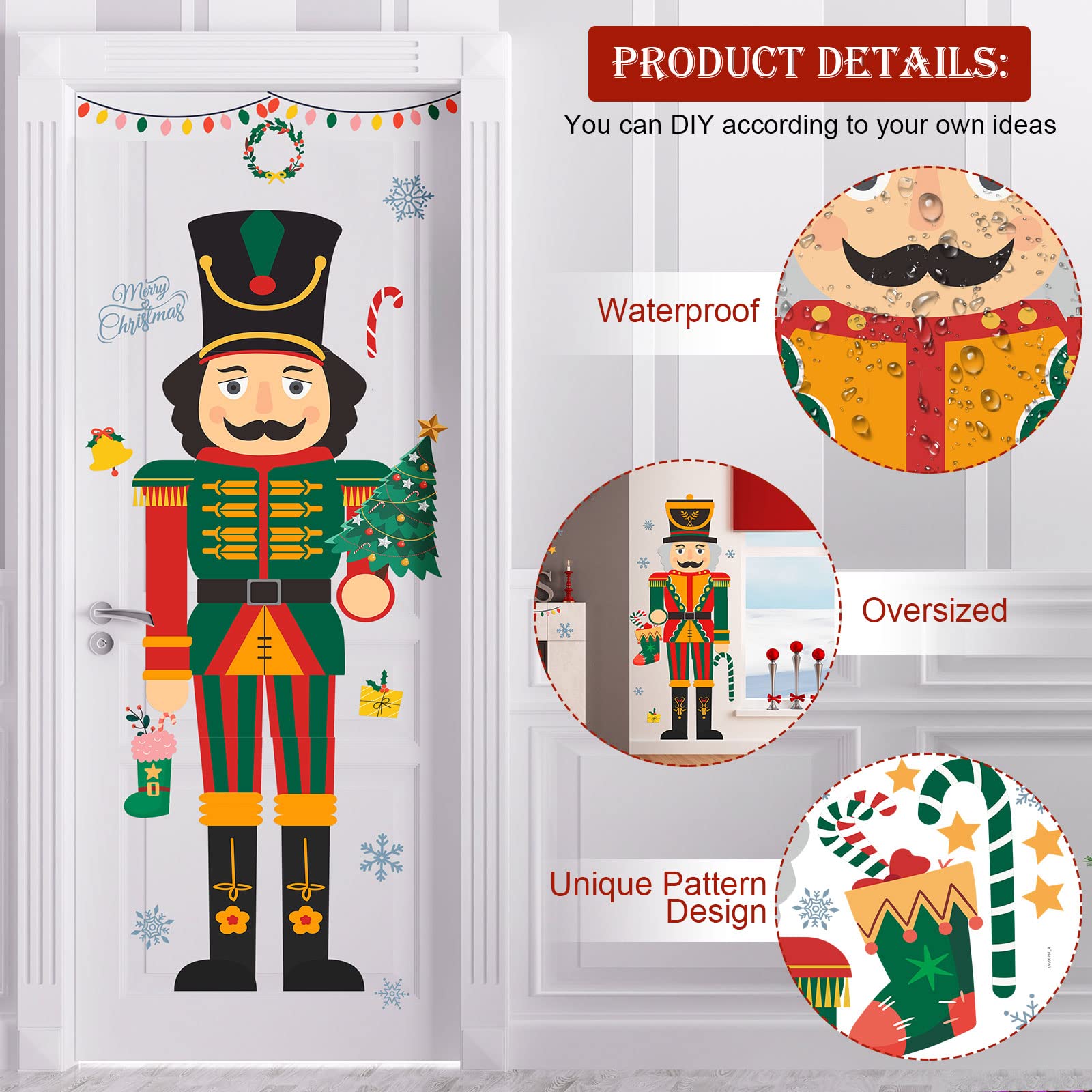 Grande Décor Autocollant de Porte de Noël 59 Pouces Autocollant de Casse-Noisette avec Décalcomanie de Flocon de Neige pour Décoration de Fête Hiver Porte Fenêtre Mur Porche Réfrigérateur