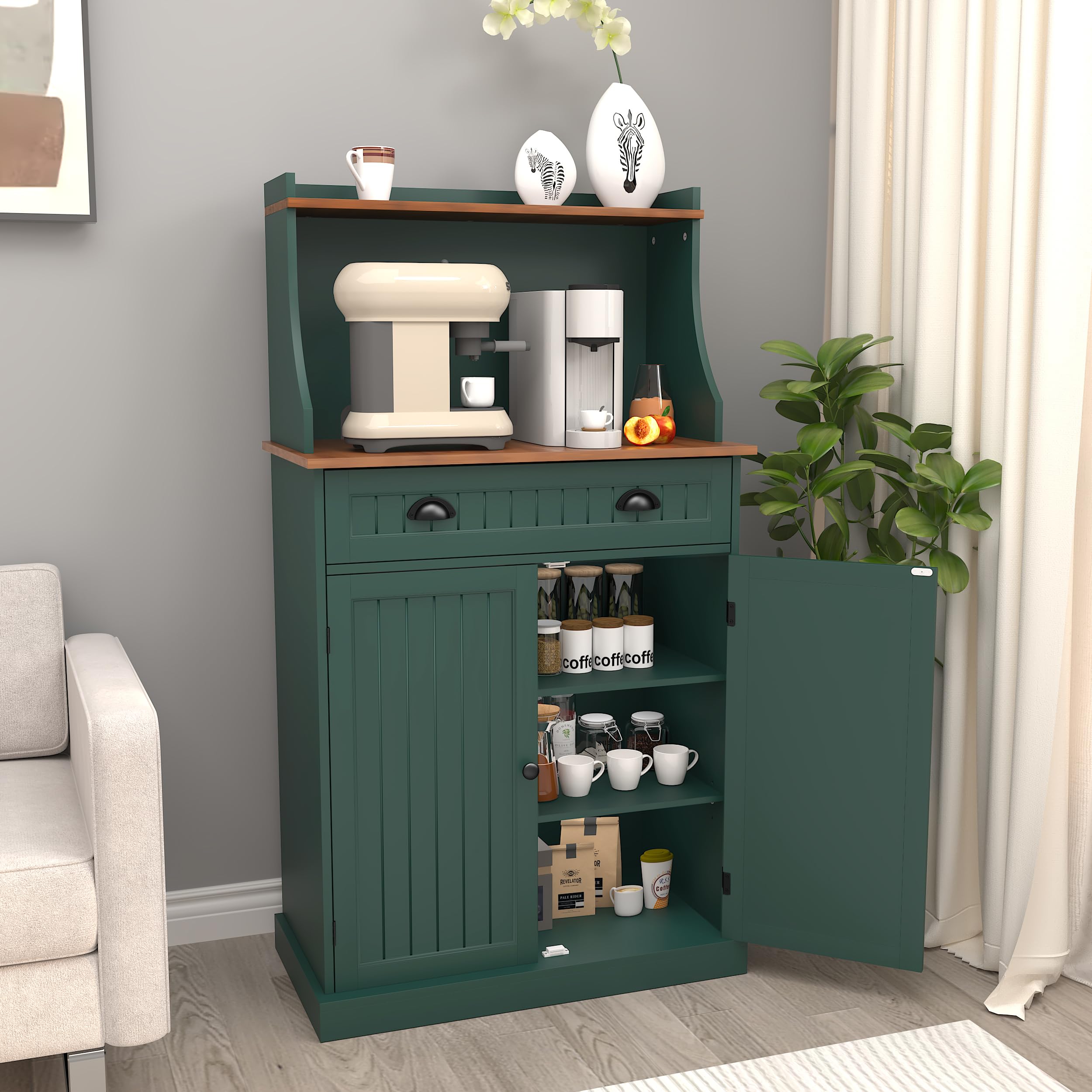 HOLTICO Armadio Multiuso per Cucina con Spazio Microonde, Mobile Salvaspazio Verde con Ripiano Regolabile, Adatto per Soggiorno, Camera da Letto, Sala da Pranzo e Garage, verde