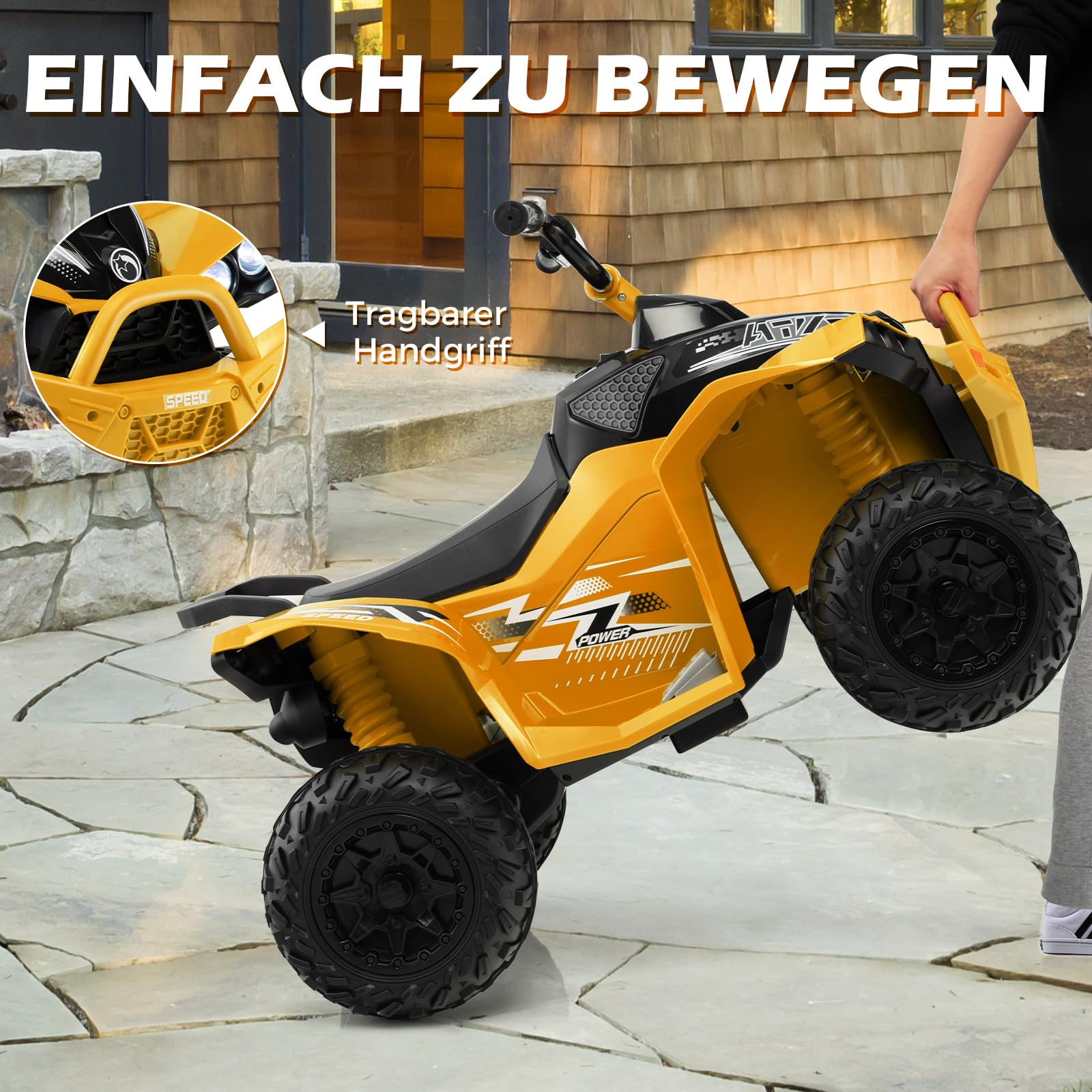 COSTWAY 12V Elektro Kinderquad, Elektroquad mit 2,2/4,3 KM/H Geschwindigkeit, Kindermotorrad mit Hupe, Musik & LED-Leuchten, Elektro Quad für Kinder von 3 bis 8 Jahren (Gelb)