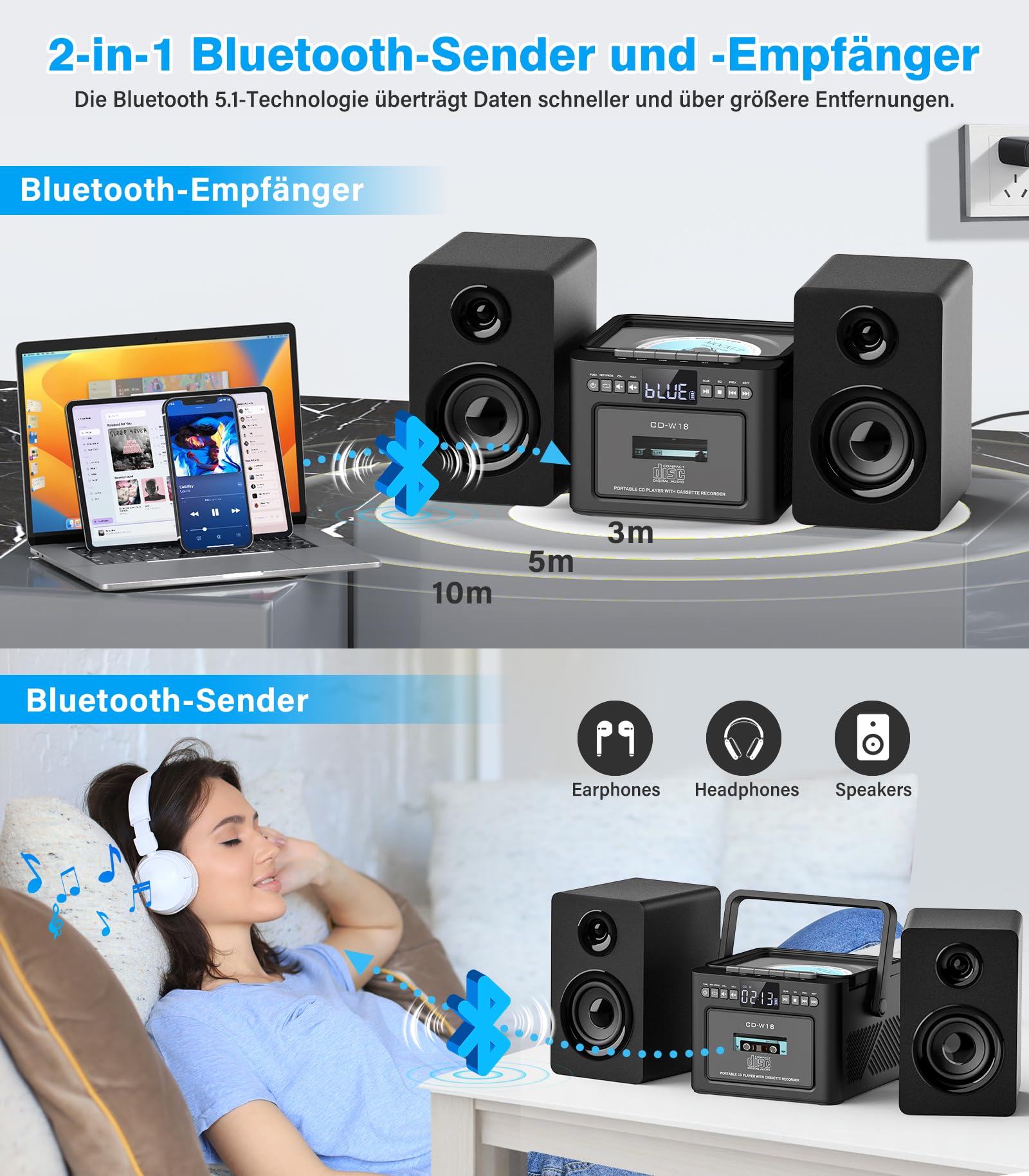 Greadio - Sistema estéreo con reproductor de CD y grabadora de cassette, altavoz de 40 W con Bluetooth 5.1, reproductor de cassette con radio FM, USB, TF, AUX, mando a distancia, equipo de música HiFi