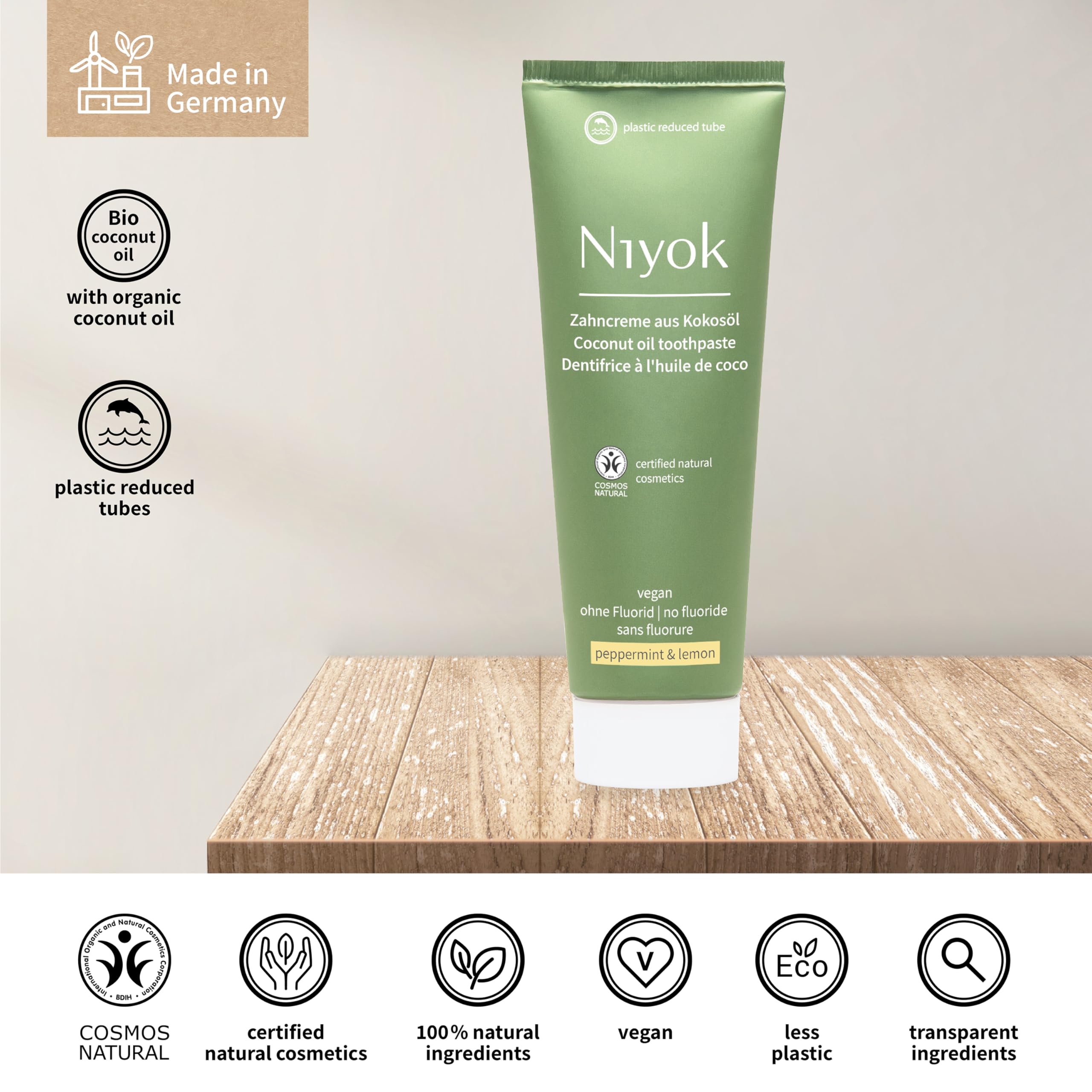 Niyok Pasta do zębów z ekologicznego oleju kokosowego "Mięta pieprzowa i cytryna" (75 ml) • Naturalna pasta do zębów do białych zębów • Intensywna pielęgnacja i świeżość • Chroni dziąsła • Bez fluorku