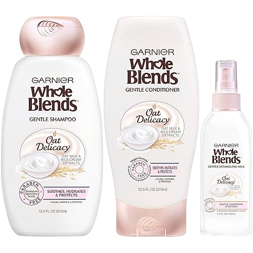 Garnier Hair Care Whole Blends - Champú hidratante acondicionador y desenredante con leche de avena y extractos de crema de arroz para cabello fino