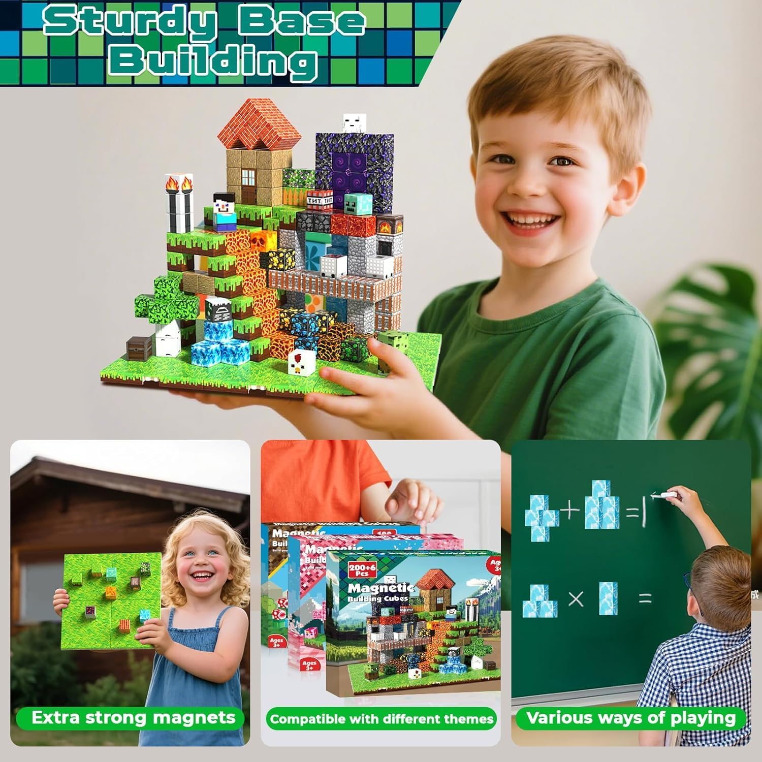ToyUnited Magnetische Bausteine Kinder- 200 PCS Magnetische Blöcke Set mit Grasplatten & Schienen,Montessori Spielzeug Magnetbausteine Bauklötze für Jungen Mädchen,Kreatives Lernspielzeug Geschenk
