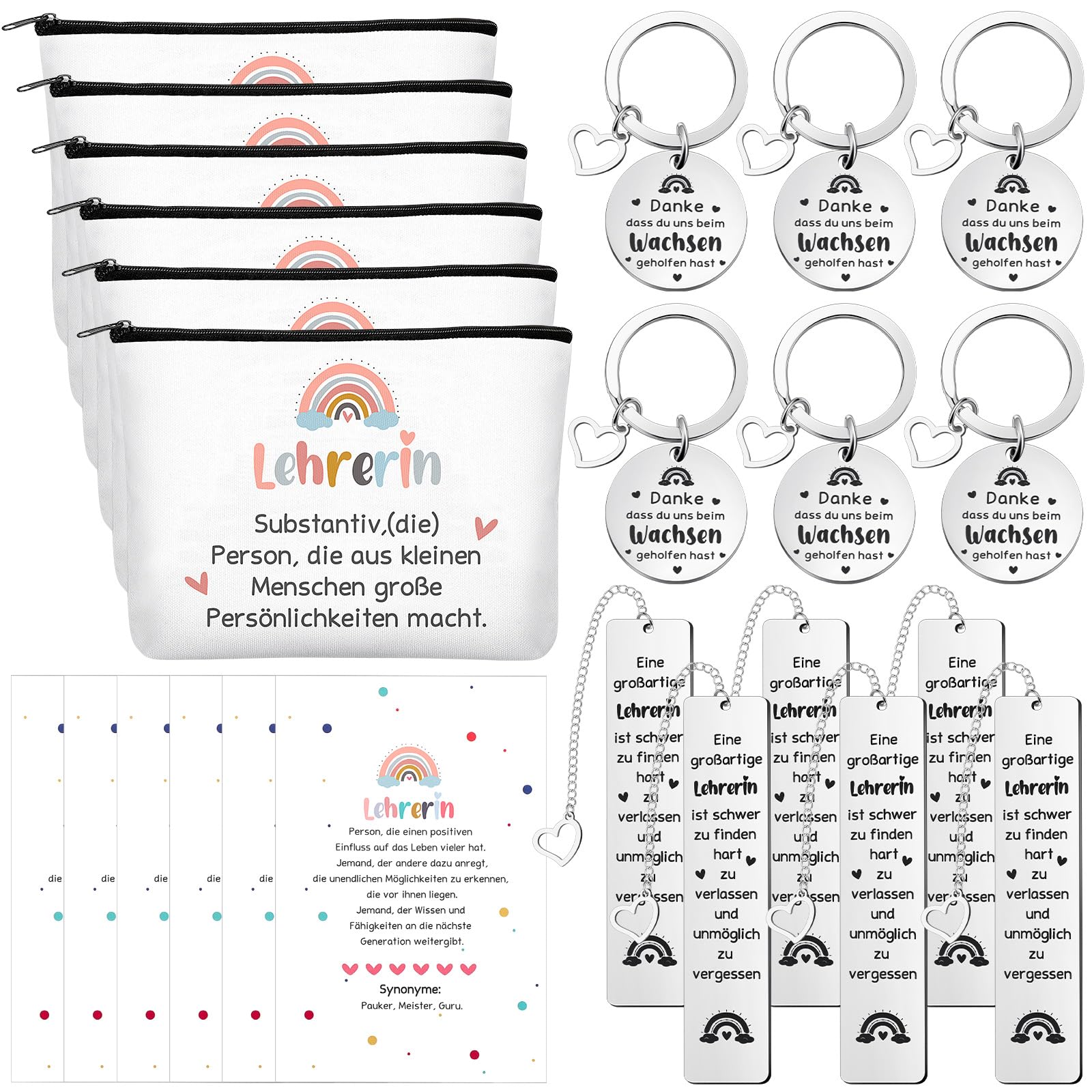 Teacher Gift 6-Piece Teacher Appreciation Gift Set with Cosmetic Bags Thank You Cards Stainless Steel Keyring and Bookmark for Teacher's Day Farewell Retirement Graduation