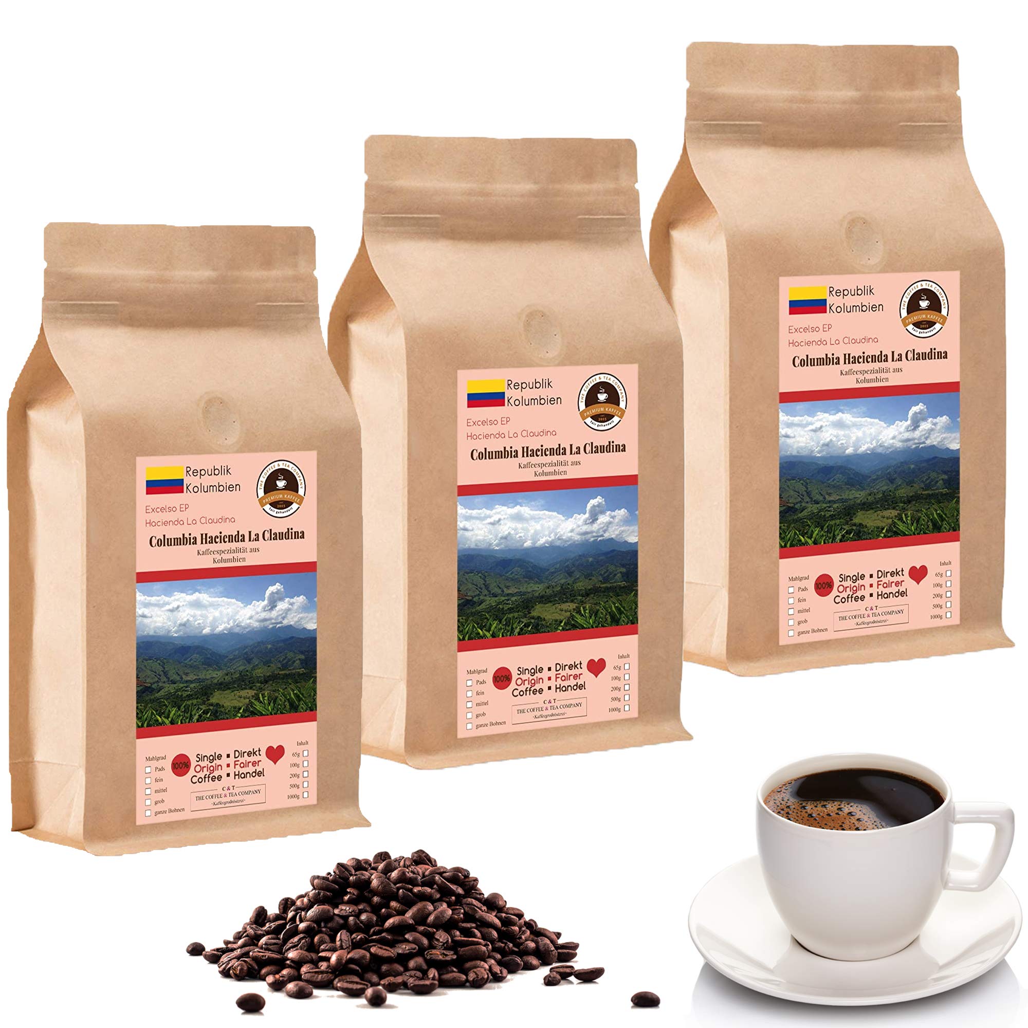 Café Globetrotter – Café con corazón – Colombia Hacienda La Claudina – 3 x 1000 g de granos integrales – Café de vanguardia del comercio justo de Colombia apoya proyectos sociales