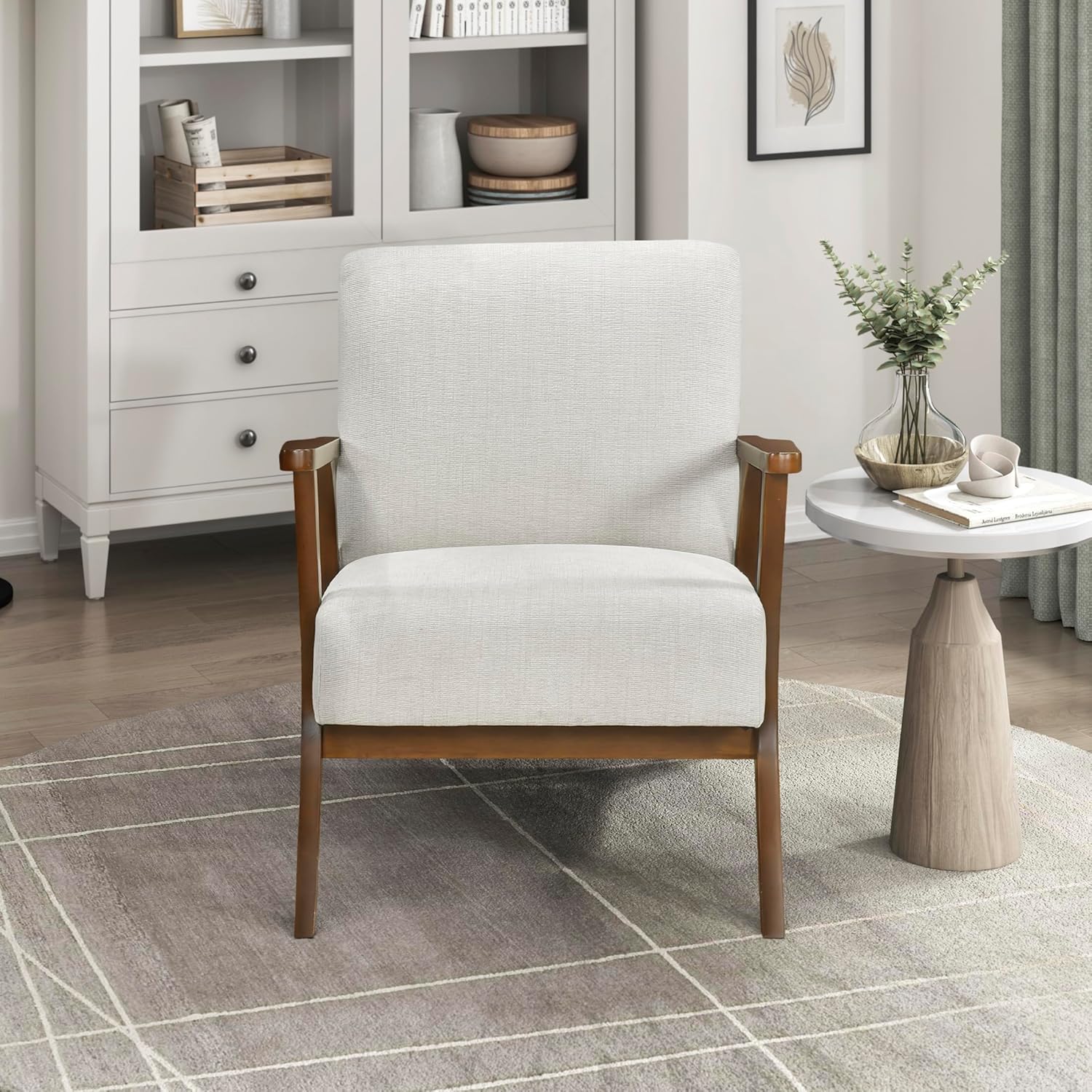 Lexicon Mid-Century Modern Accent Chair, Woven Chenille Fabric Lounge Chair, Chestnut Solid Wood Frame, Wide Arm Rest and Cushioned Comfort for Living Room/Office/Bedroom/Reading Nook, Beige