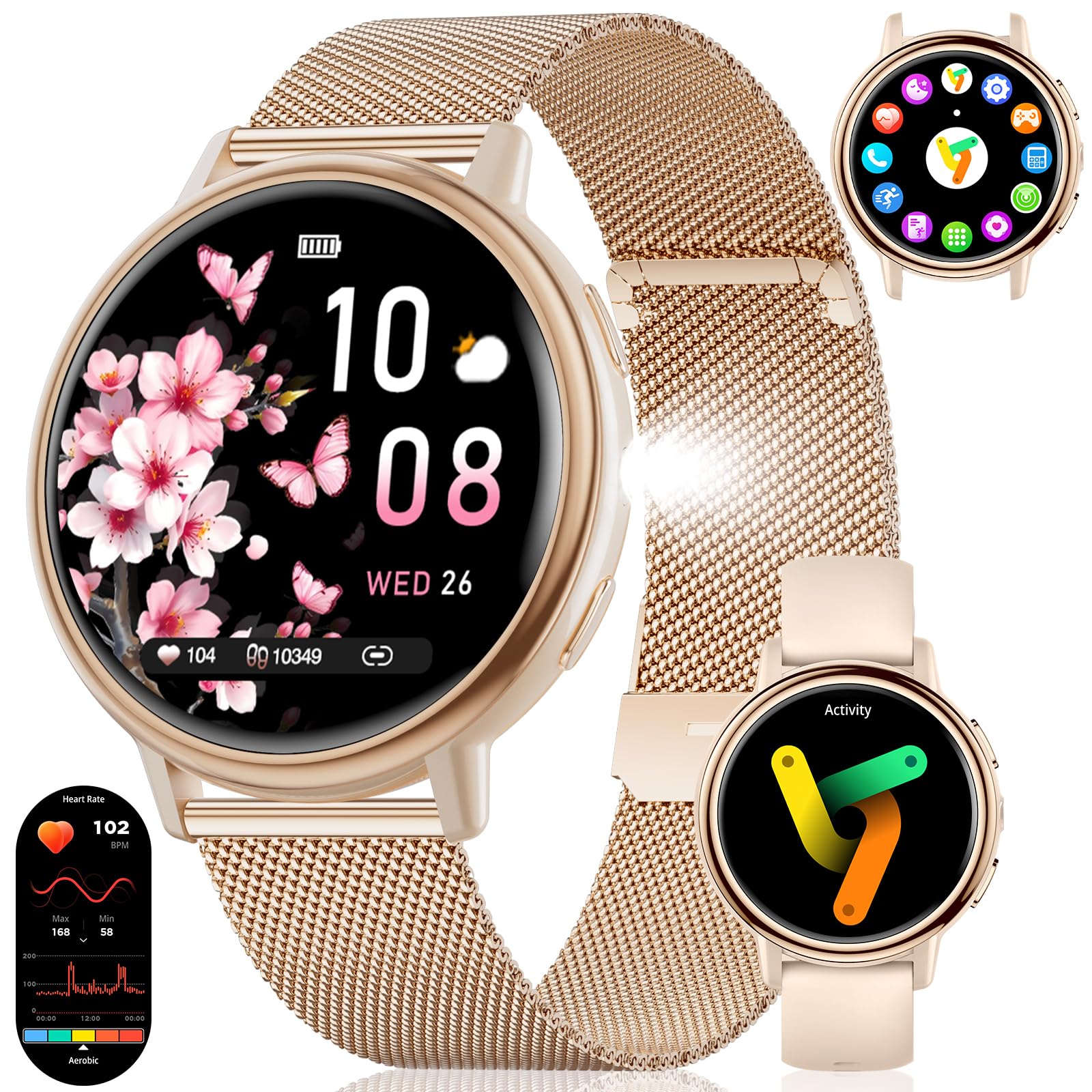Reloj Inteligente Mujer con Linterna LED, 1,26'' HD Pantalla Elegante Smartwatch con Llamadas, 110+ Modos Deportivos, IP68 Impermeable, Ciclo Menstrual/Monitor de Sueño para iOS y Android, Oro Rosa