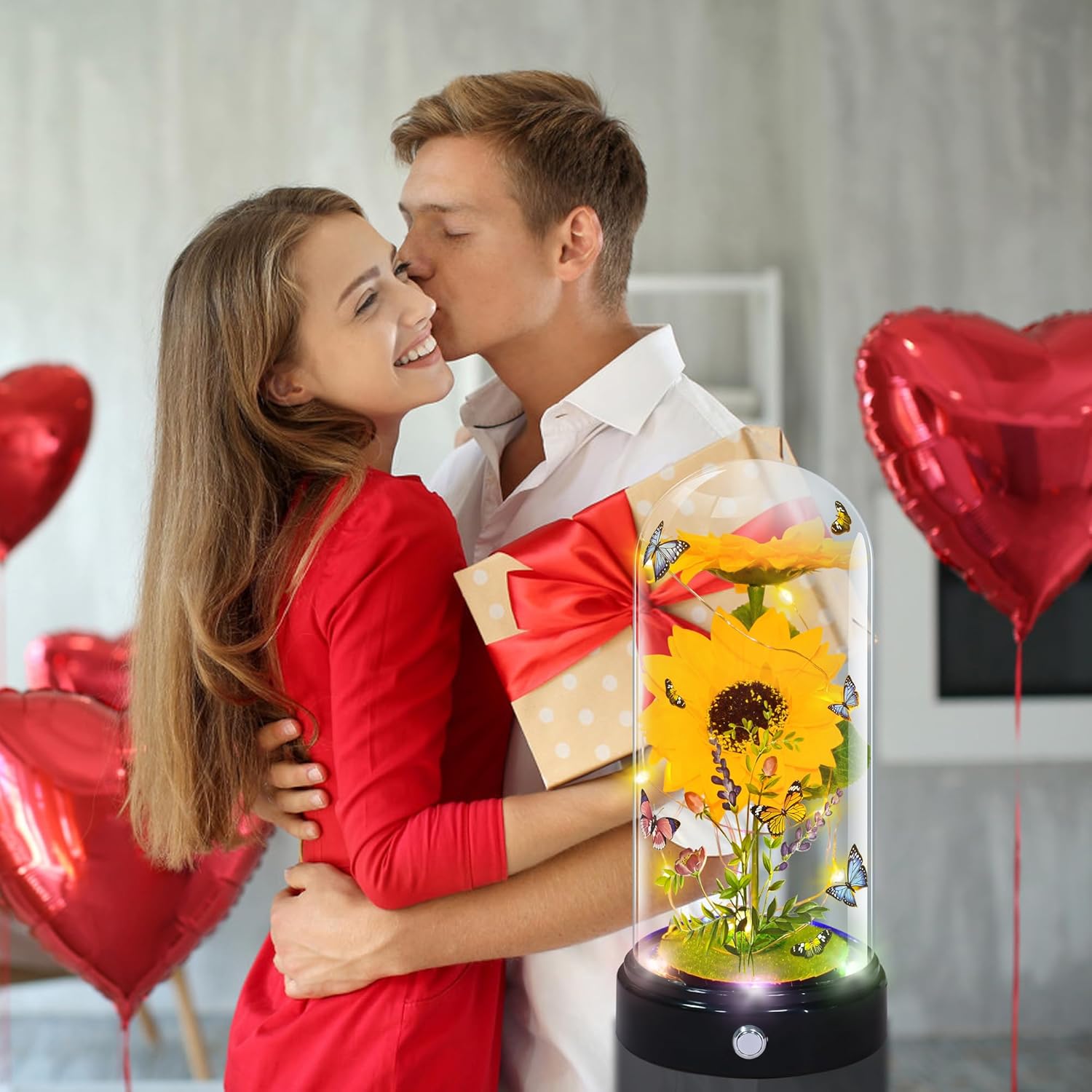 TECHSHARE Sunflower Gifts for Women,Yellow Artificial Sunflowers with LED Light in Glass Dome,Cute Sunflower for Christmas,Birthday, Mother's Day, Valentine's Day