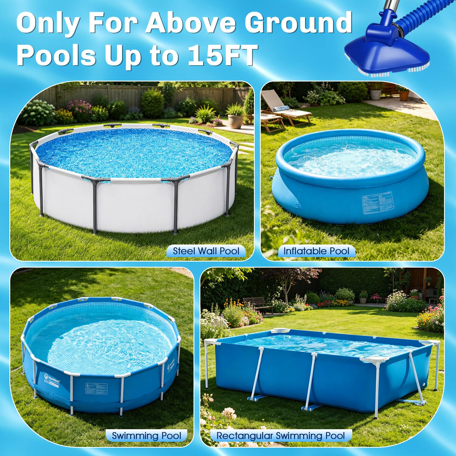 Kit aspirateur de piscine portatif sans fil – alimenté par l'eau, pas besoin de batterie, avec perche télescopique de 2,5 m, nettoyeur portable pour spa, jacuzzi, petite piscine hors sol et réservoir