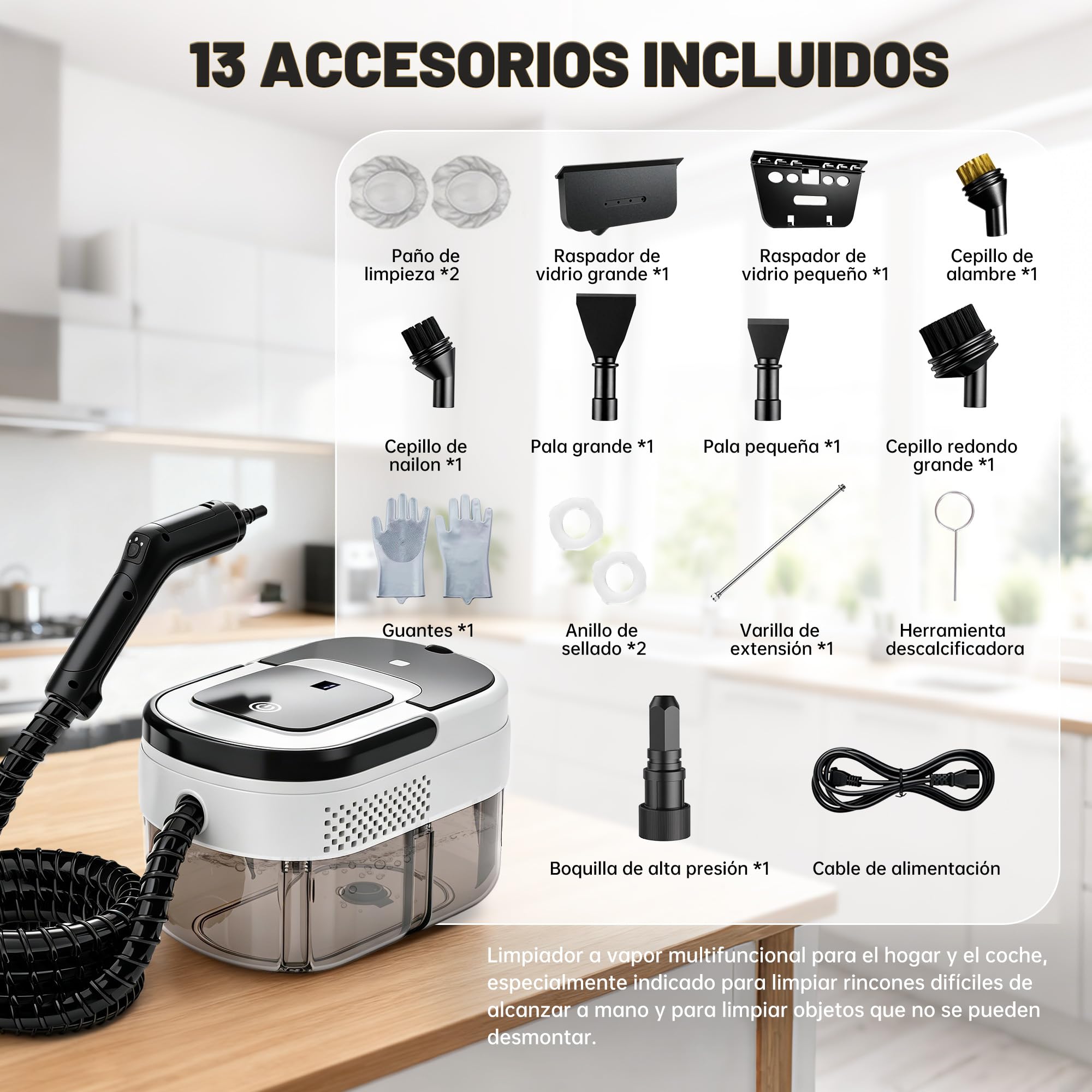 Limpiador de Vapor 2500W, 3 Niveles, 1600ml, 13 Accesorios, sin Químicos | Vaporeta Limpieza Hogar, Calentamiento en 15s, para Suelos, Cocina, Ventanas, Coche y Juntas