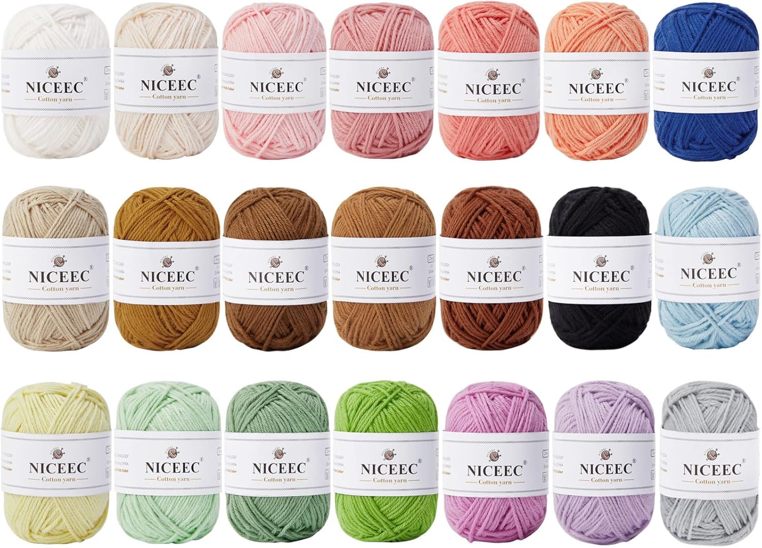 NICEEC 21 Skeins Soft Baby Cotton Yarn, Mini Balls, Assorted Colored Yarn, 4 Ply, DIY Craft, Fingering Weight, Blanket Yarn for Crochet & Knitting, Total 1470yds/14.7oz - Kit 1