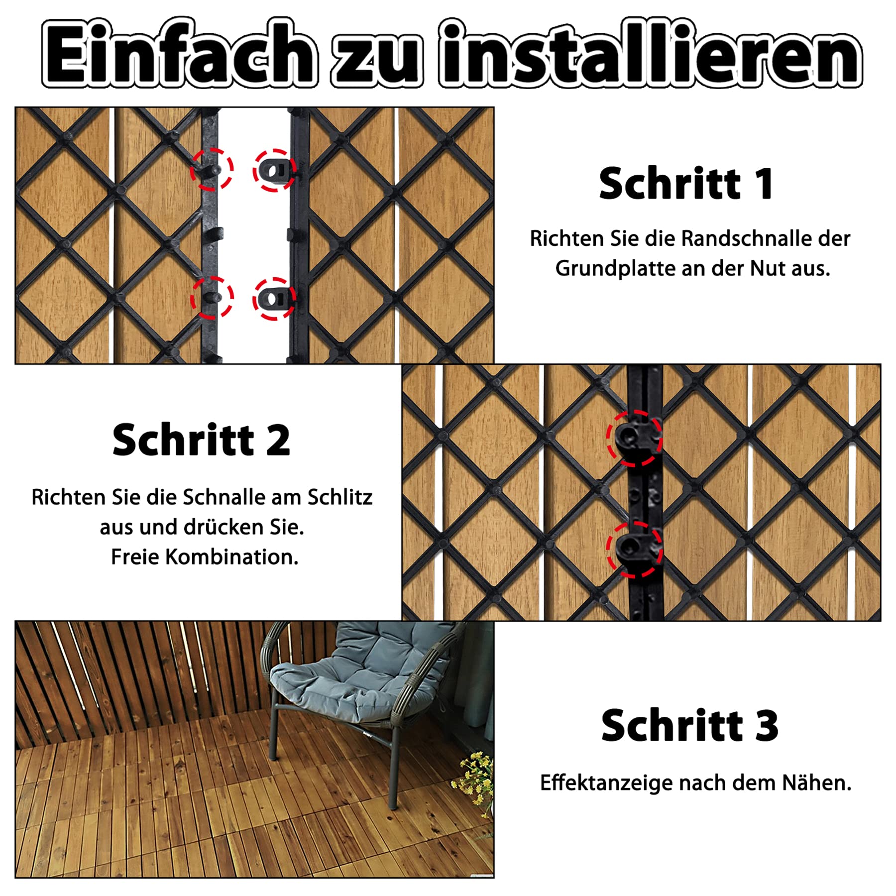 Froadp 3 m² Holzfliesen 30x30 cm aus Akazien-Holz mit Klicksystem Terrassenfliesen Balkon Bodenbelag Klickfliesen Wetterfest Balkonfliesen Gartenfliesen für Terrasse Garten Balkon (33 Stück, Type A)