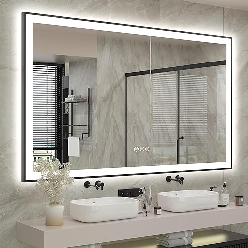 Espejo de baño LED enmarcado de 60 x 40 pulgadas, espejo de tocador grande regulable con luces, antivaho, inastillable, memoria (retroiluminado e