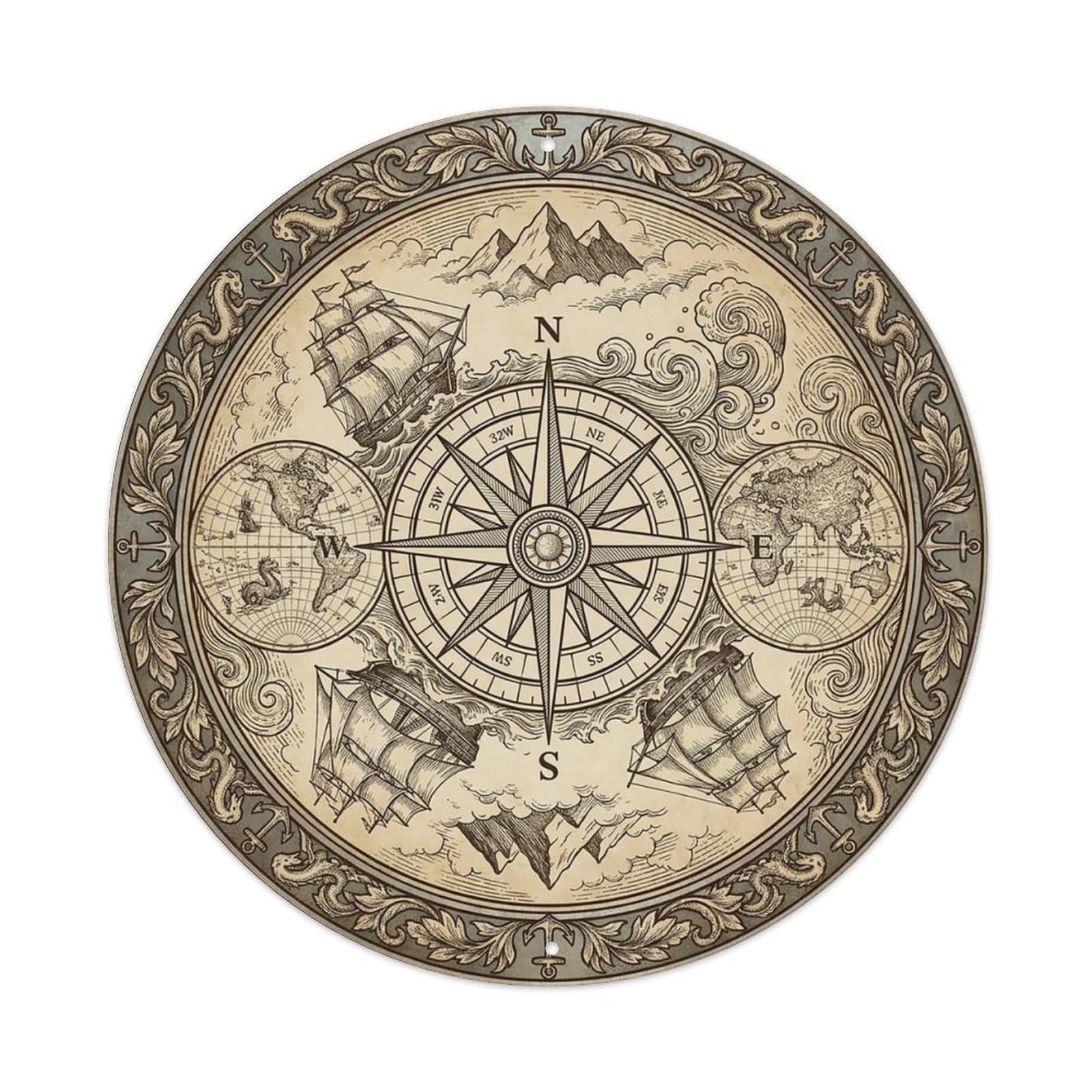 Vintage Nautical Compass World Map Cove Chronicle Metal Tin Sign