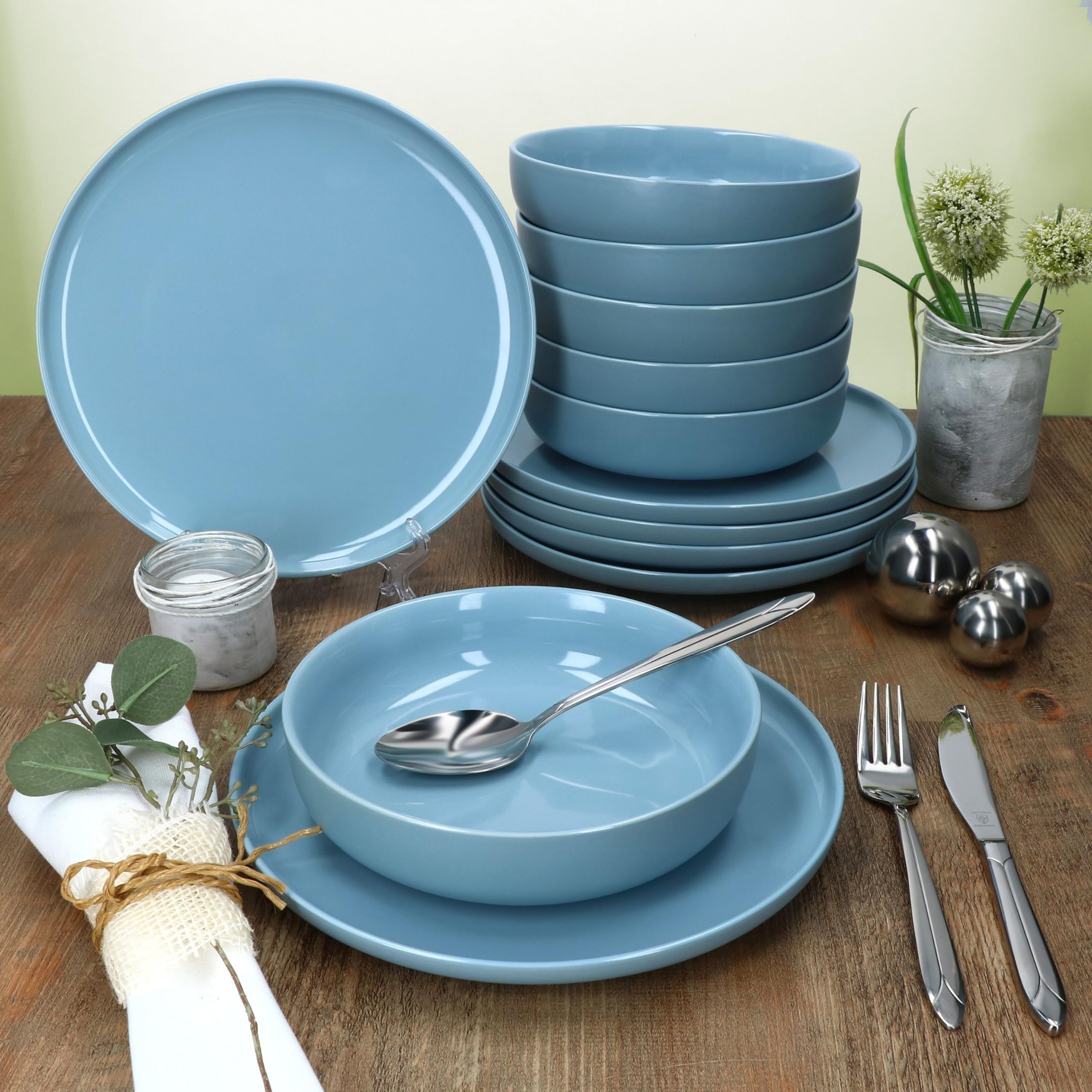 Ritzenhoff & Breker Jasper 12tlg Tafelservice Graublau I Steingut-Geschirr für 6 Personen I 6x Suppenteller 610ml & 6x Speiseteller I Essteller & tiefe Teller für Frühstück, Mittag & Abendbrot
