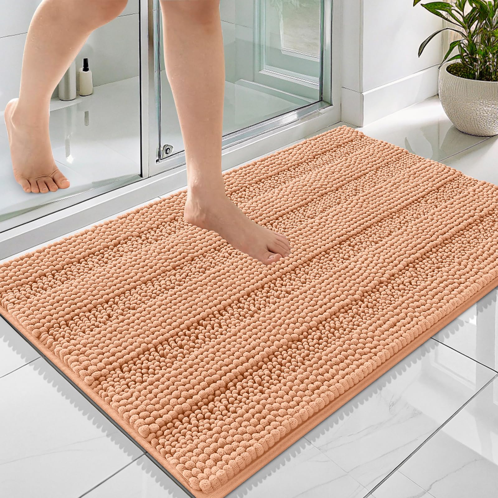 OLANLY Thick Bathroom Rugs 36x24, Soft Chenille Striped Bath Rugs, Peach